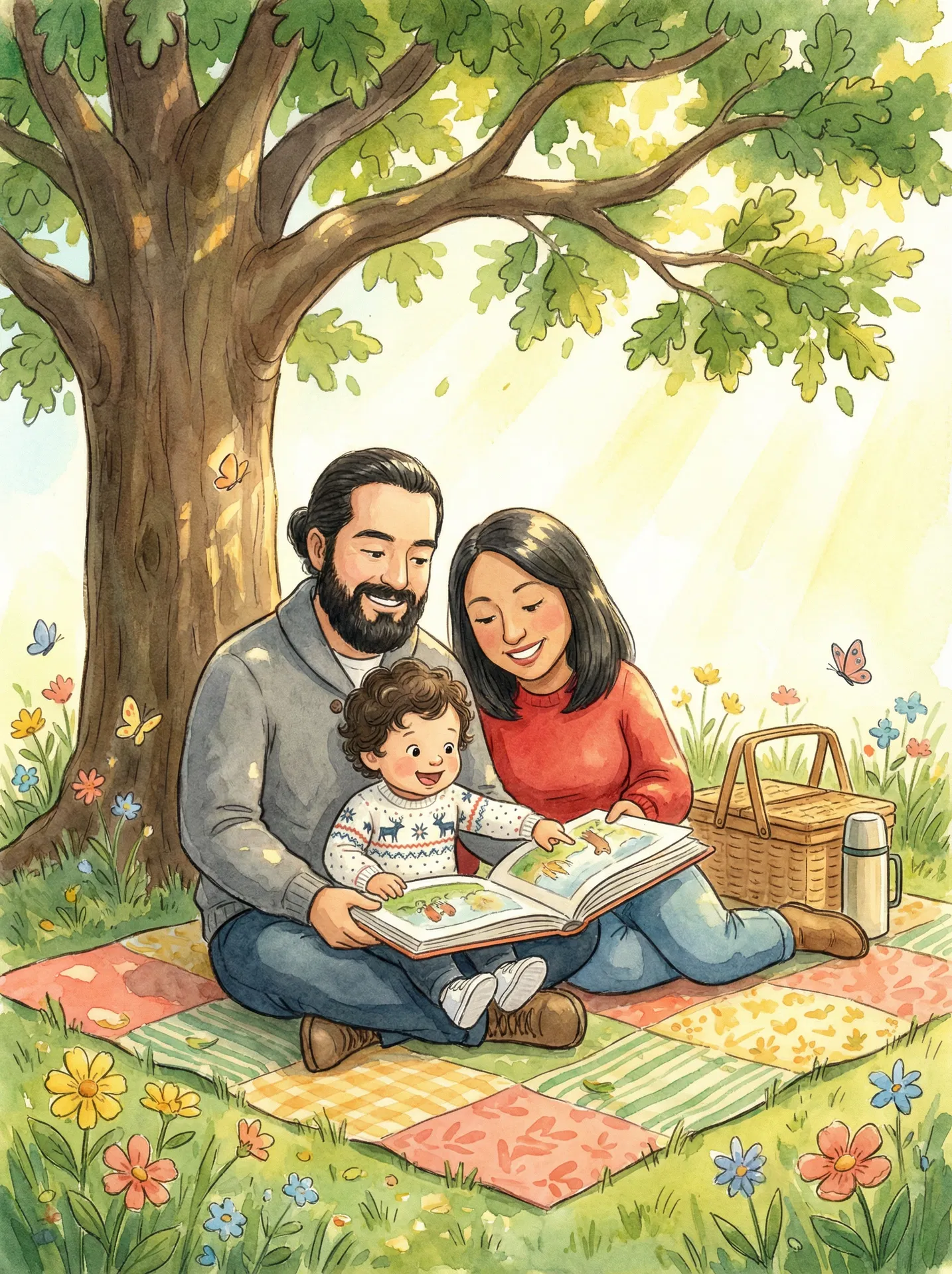 The family behind Mama, Dada & Me Adventures — illustrated reading together in a park