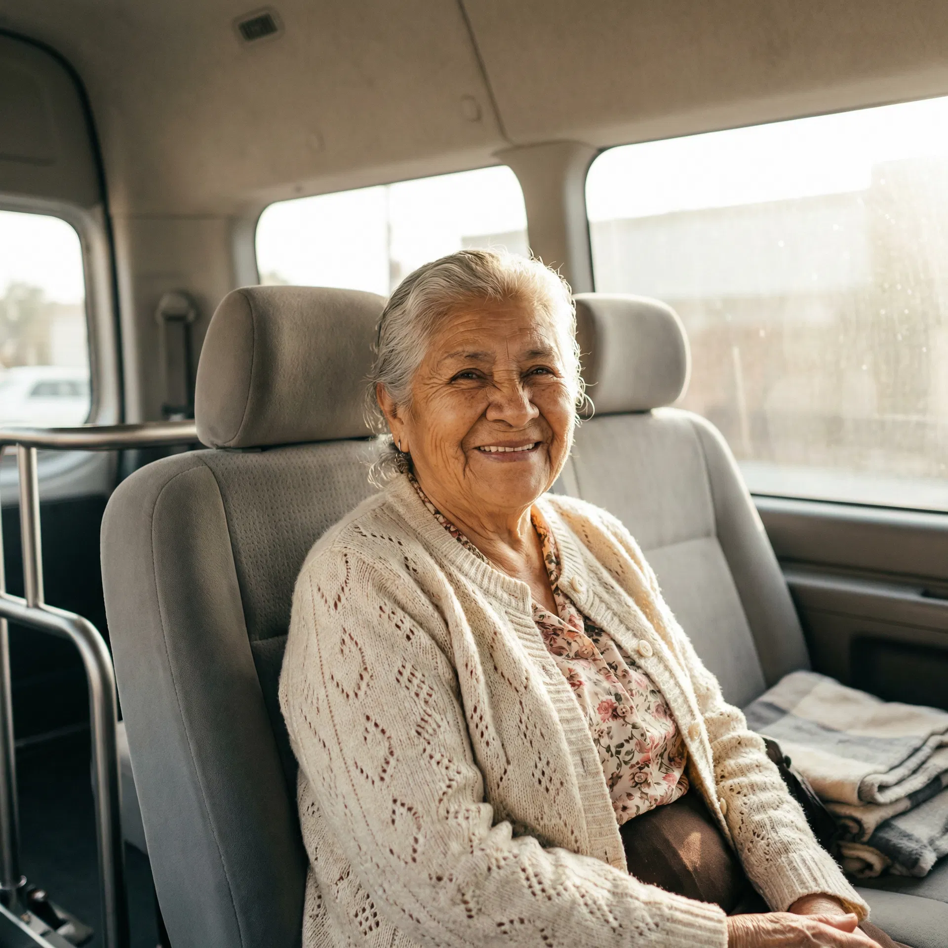 Happy senior patient in comfortable medical transport vehicle