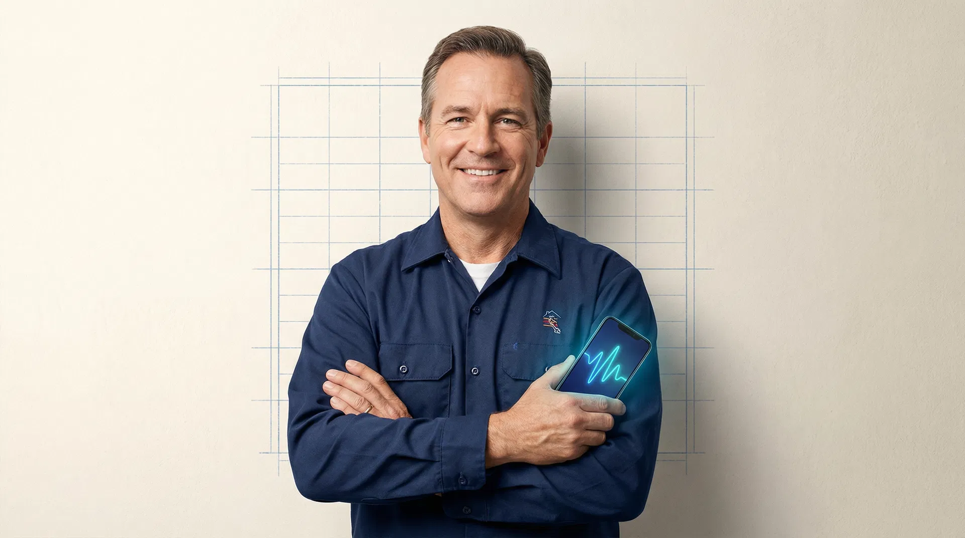 Professional plumber with AI voice receptionist on smartphone