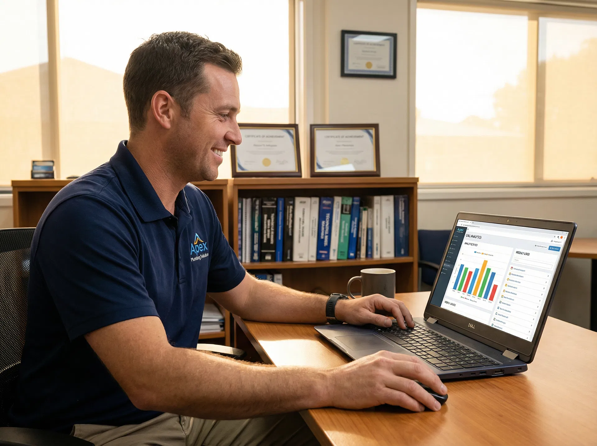 Plumbing business owner reviewing call analytics