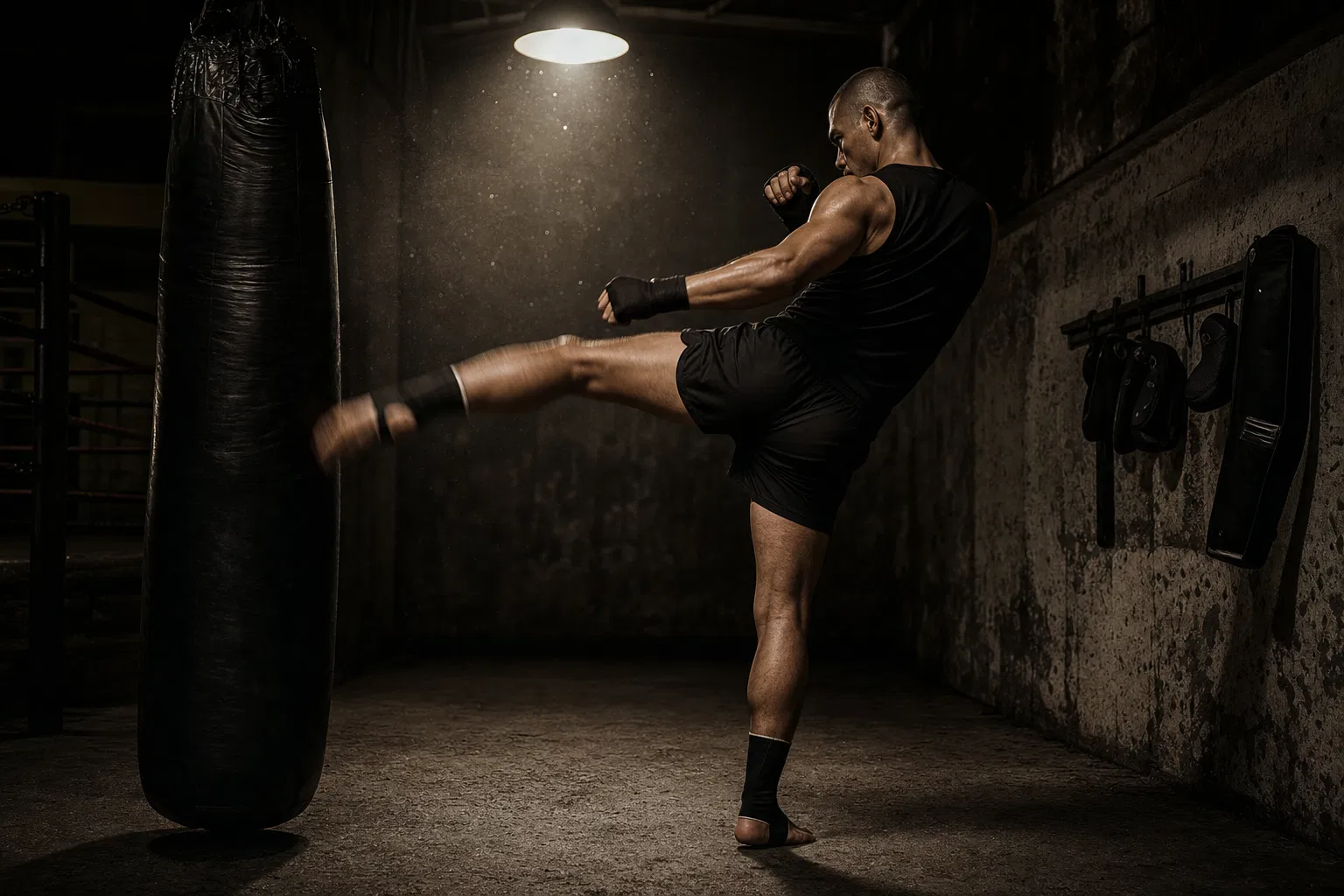Combat-sports athlete training inside a gym with hand-wraps and gloves