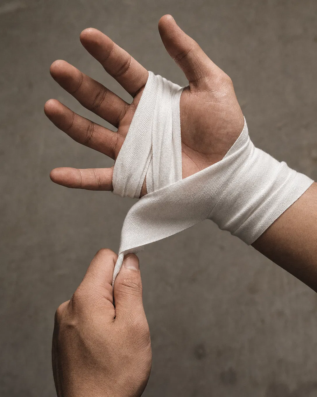 Close-up of black gloves and white hand-wraps on a fighter's hands