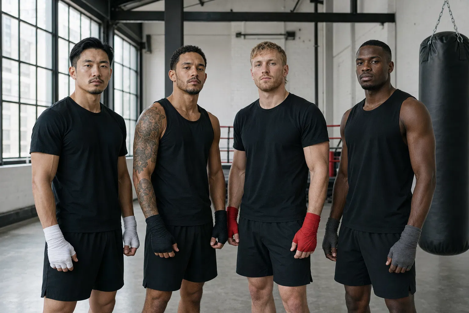 Diverse group of male combat-sports athletes in matte-black training kit standing in a modern industrial gym