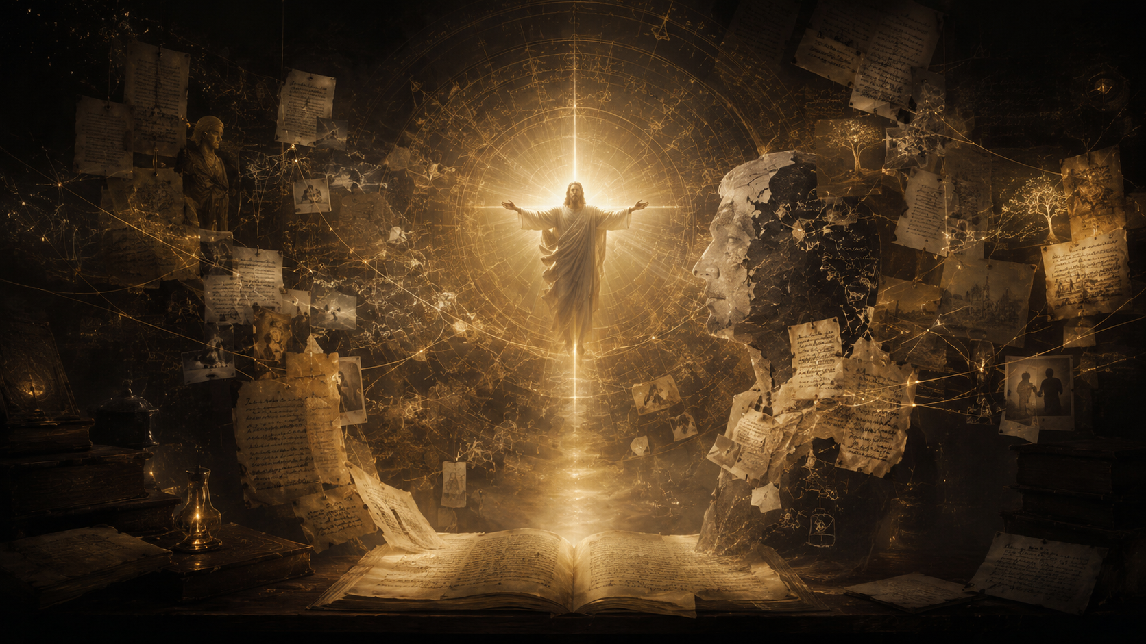 A luminous Christ-centered archive where scattered fragments of memory, identity, scripture, and golden light are gathered into one coherent whole.