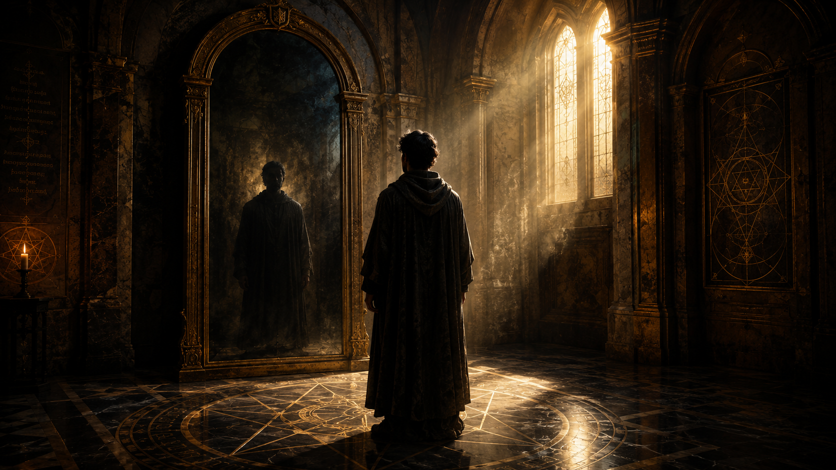 A figure standing before a dark mirror in golden cathedral light, symbolizing the recovery of the exiled shadow.