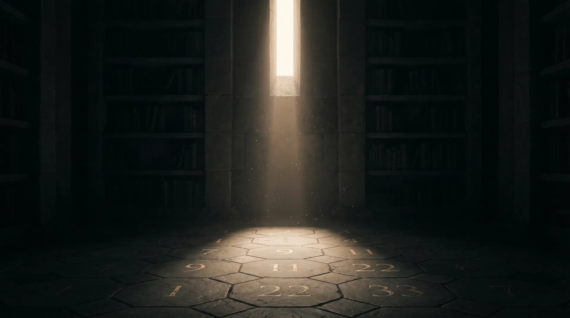 Numerological floor geometry illuminated by a column of light in a dark library