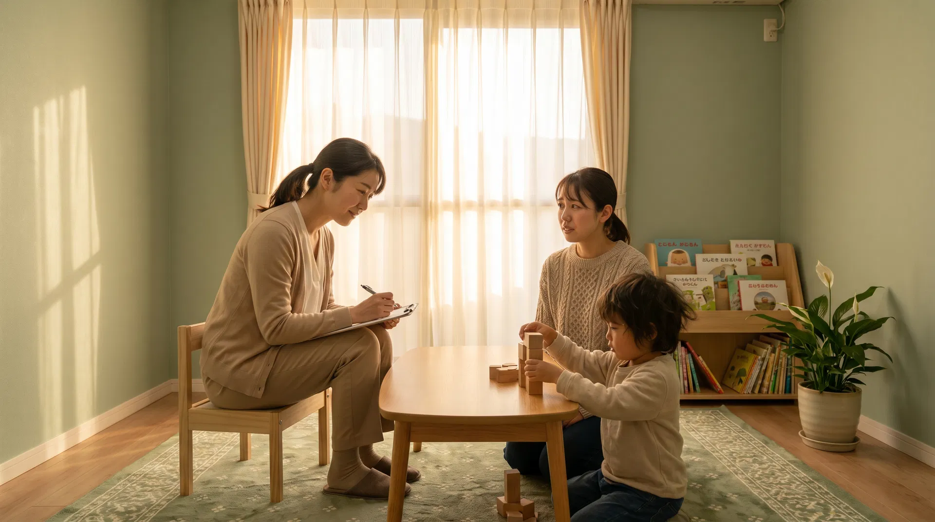 公認心理師と保護者がお子さまの発達について相談している様子