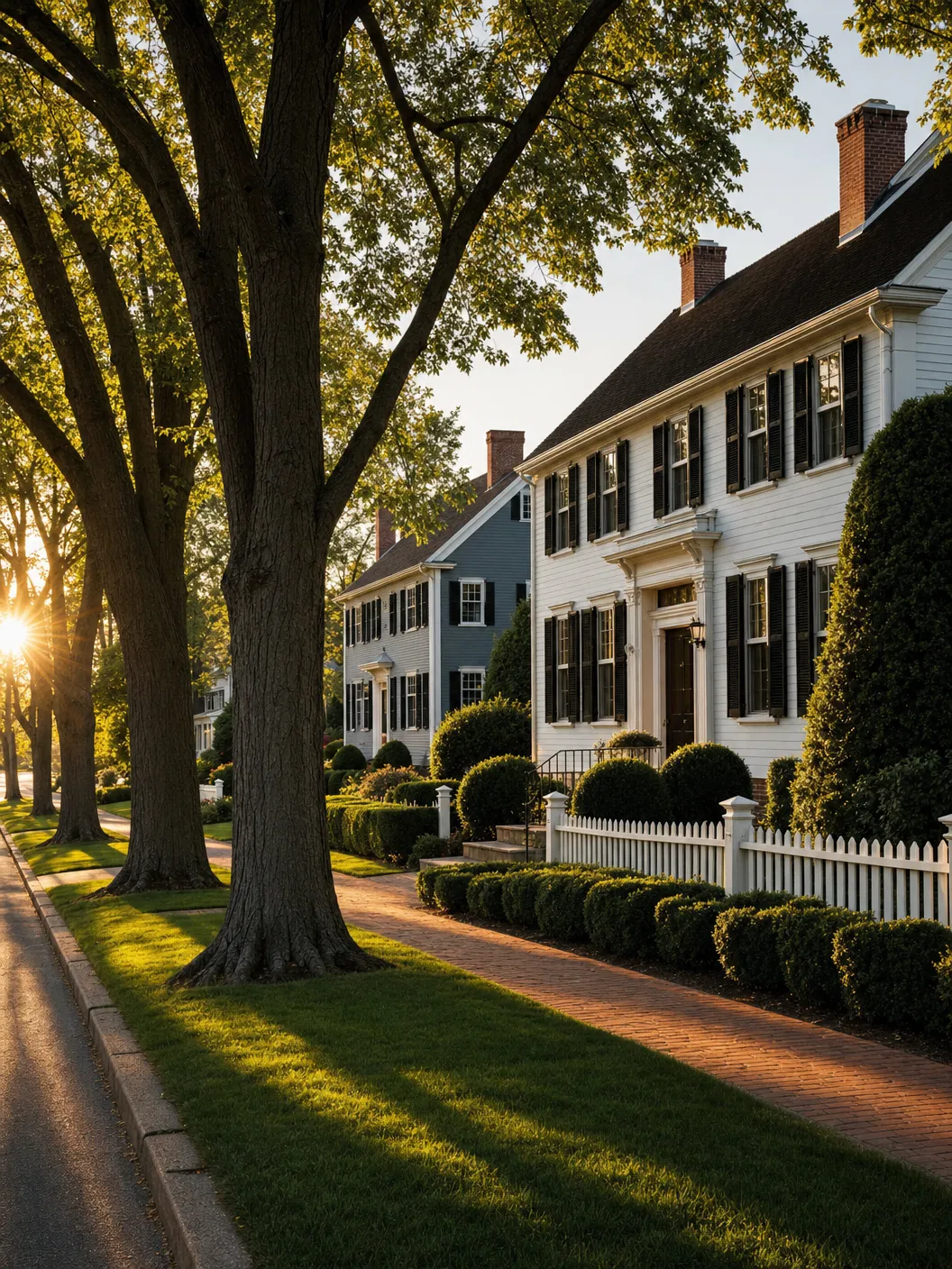 Connecticut colonial neighborhood street at golden hour