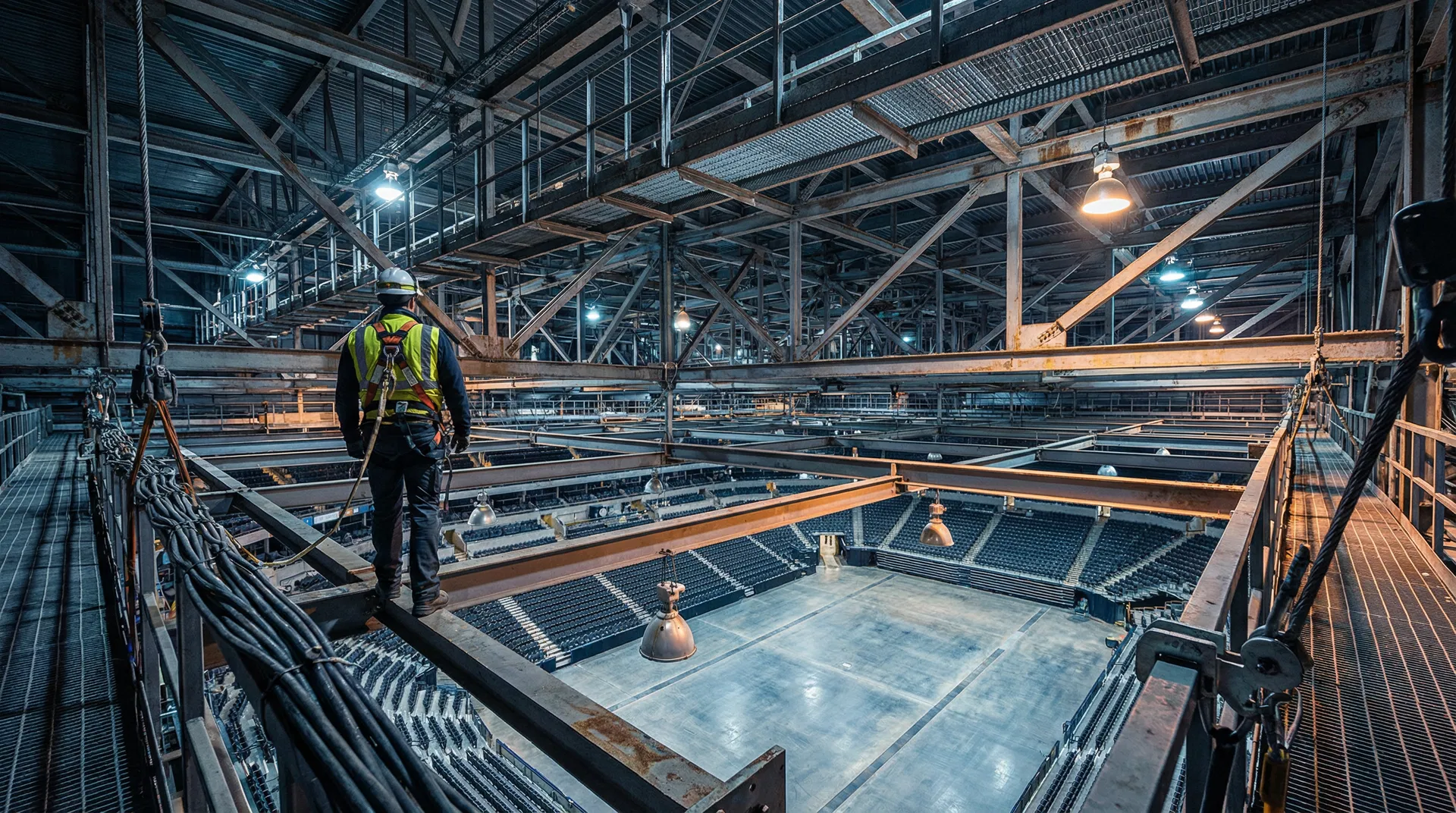 Safety worker in full harness standing on the steel truss grid high above an arena floor