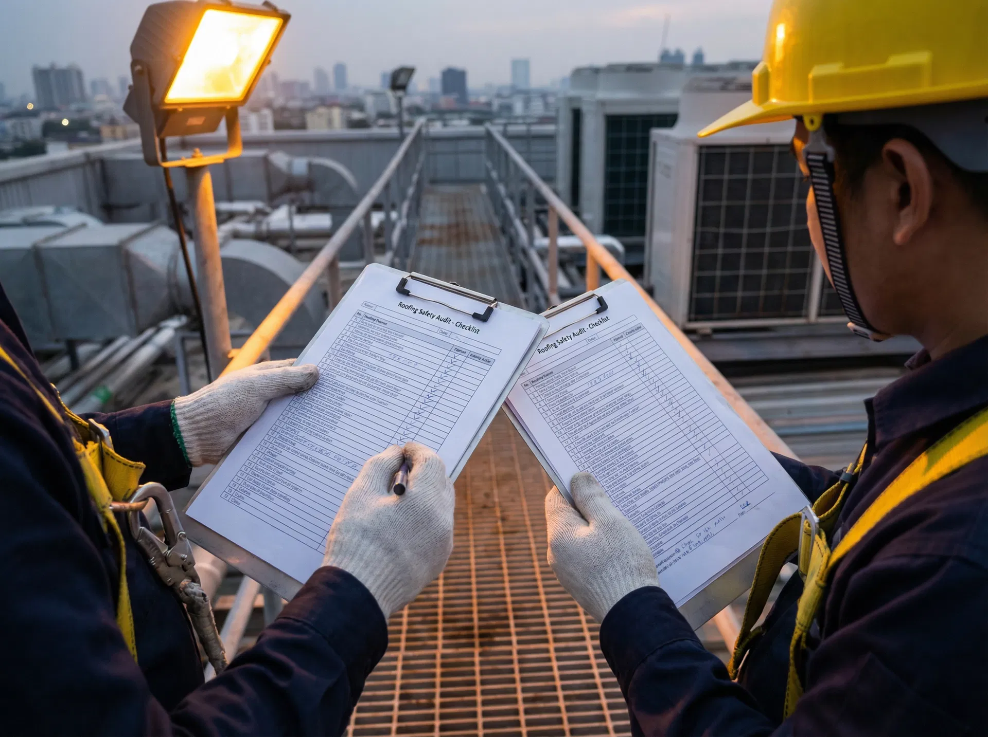 Safety consultant inspecting fall protection equipment
