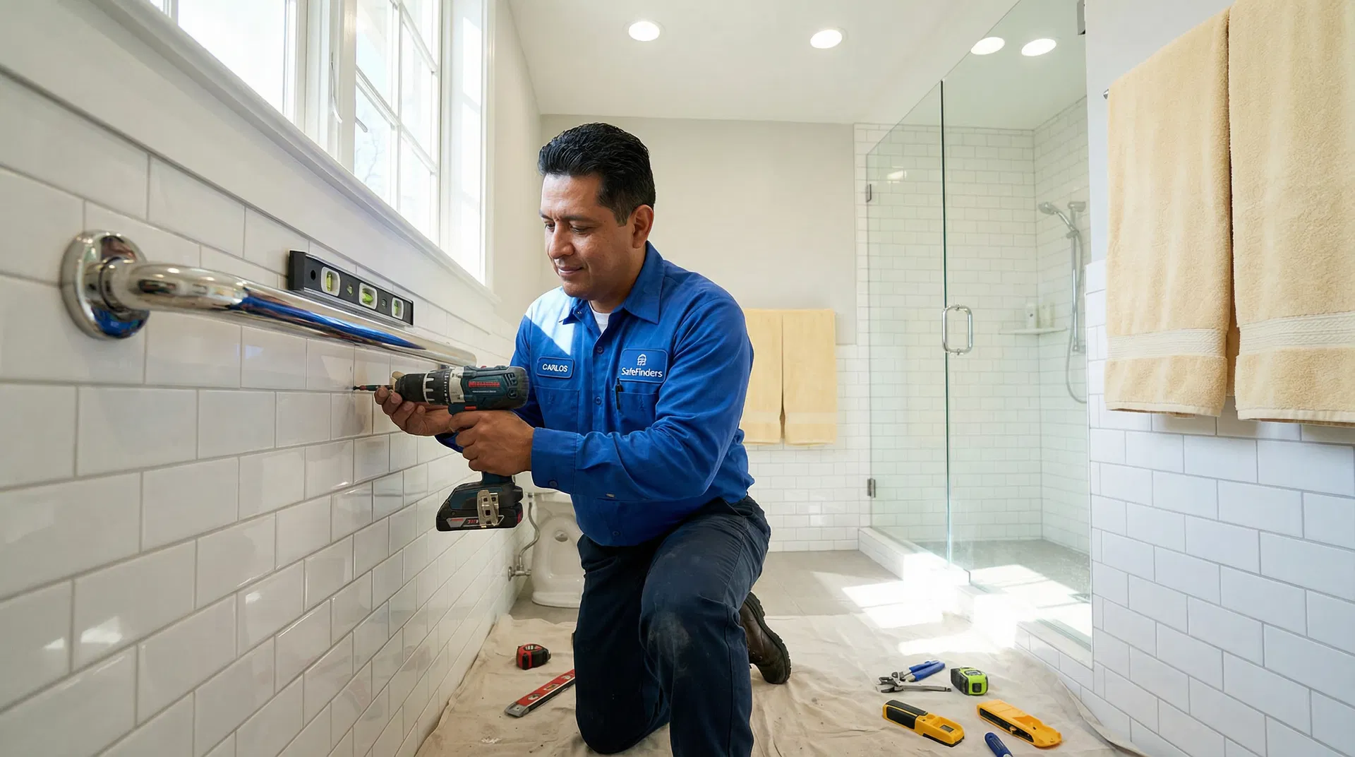 Professional grab bar installation in bathroom showing proper placement and secure mounting