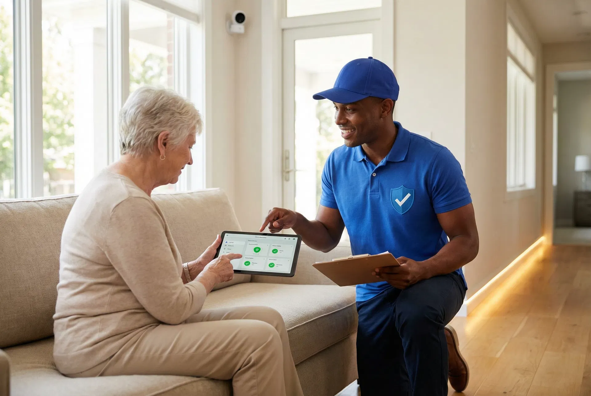 African American SafeFinders technician in branded blue polo demonstrating a home safety dashboard to a senior client with smart monitoring devices visible