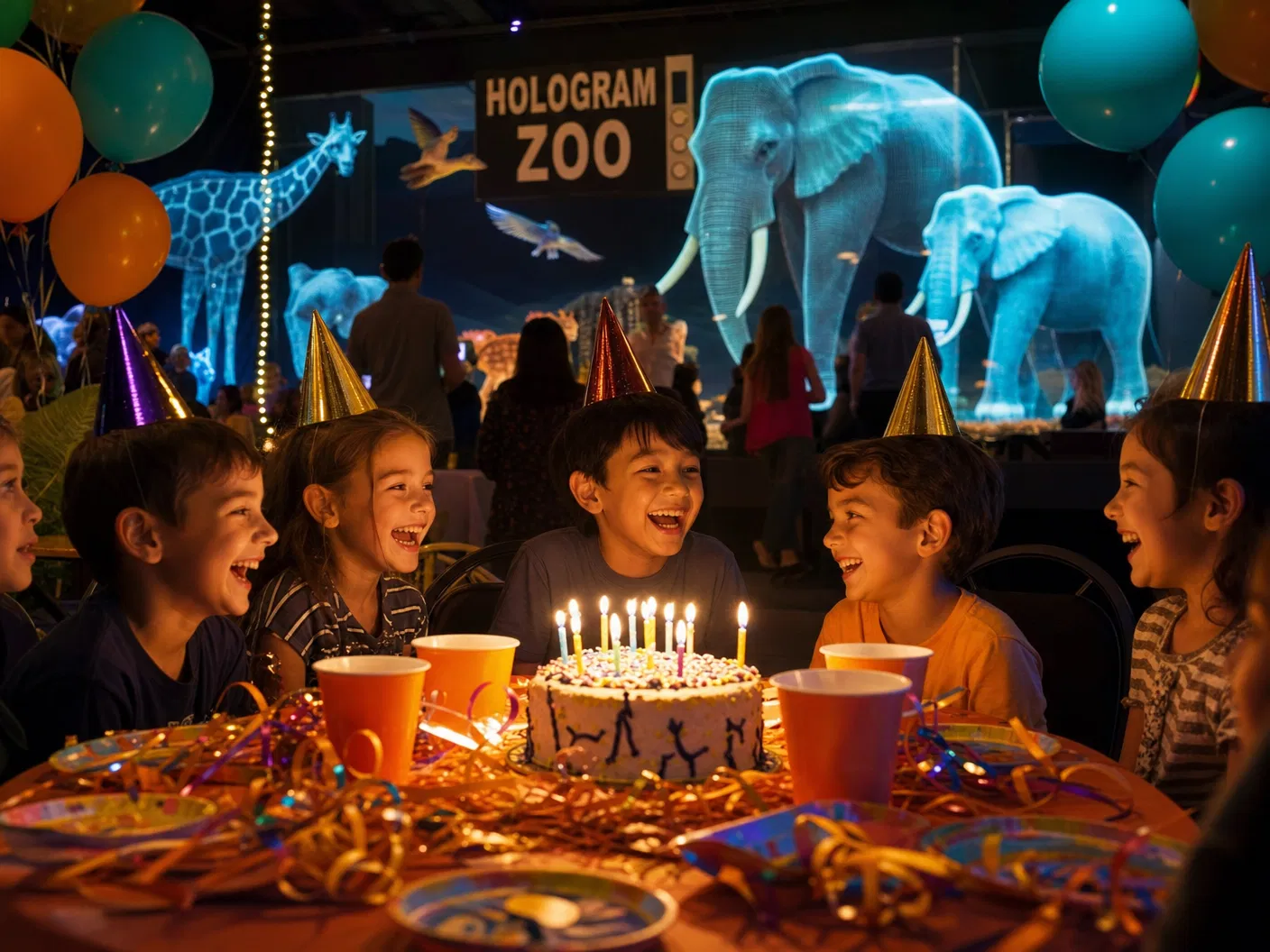 Children celebrating a birthday party at Hologram Zoo