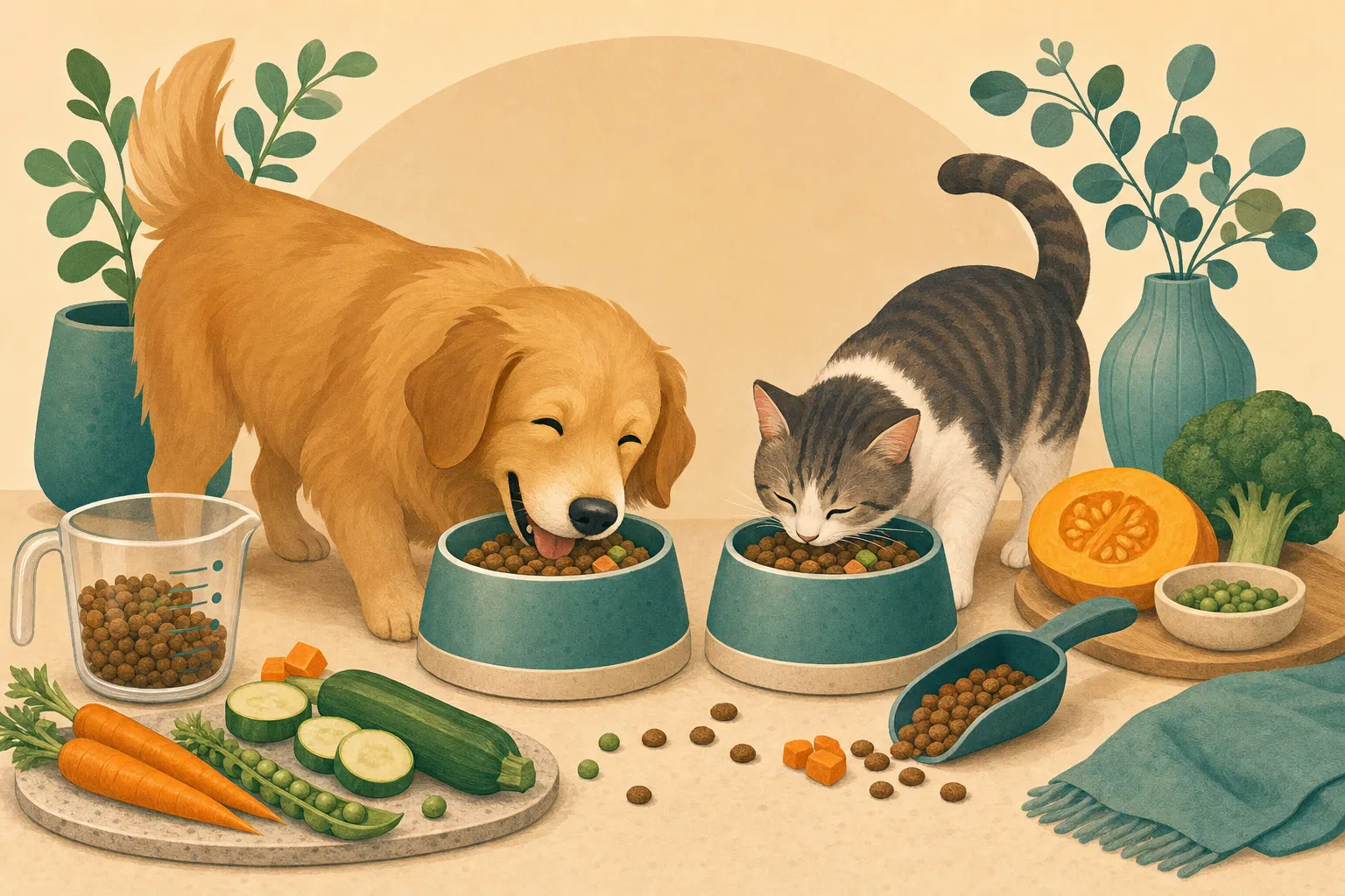 Dog and cat eating from bowls