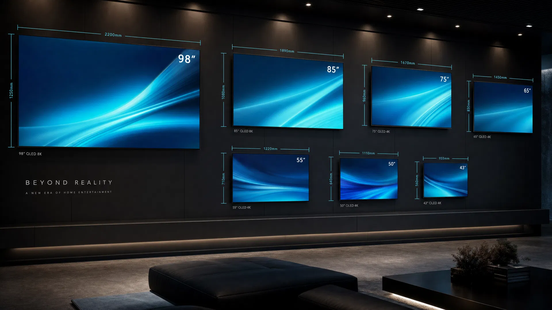 TV showroom with various screen sizes and measurement overlays