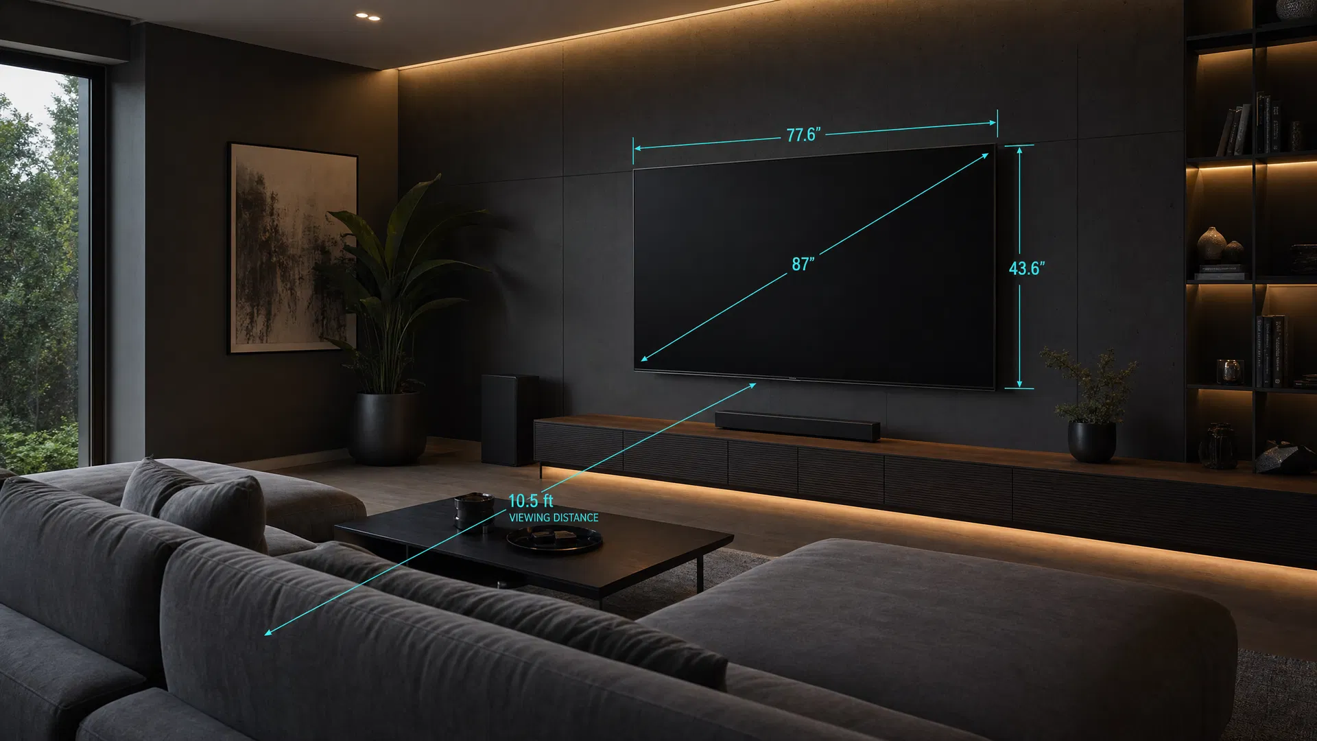 Modern living room with TV and viewing distance measurements