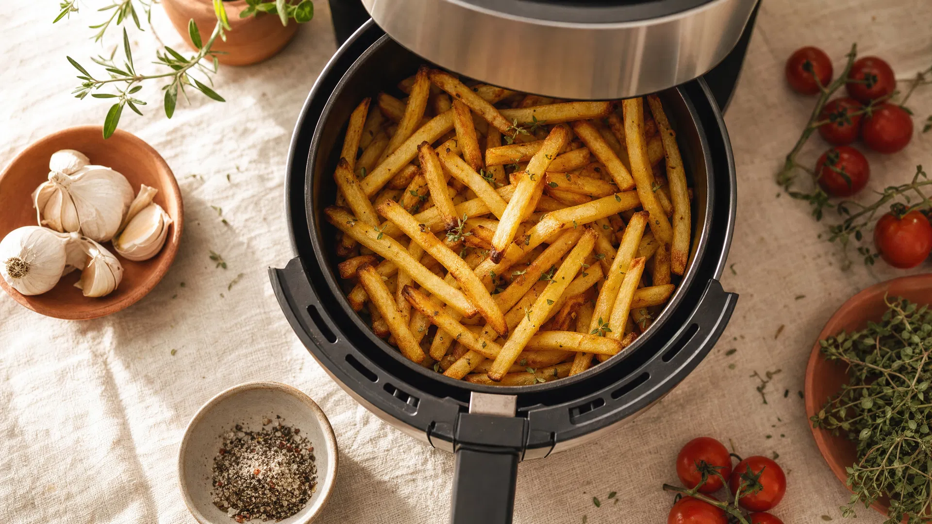 Air fryer with golden crispy fries