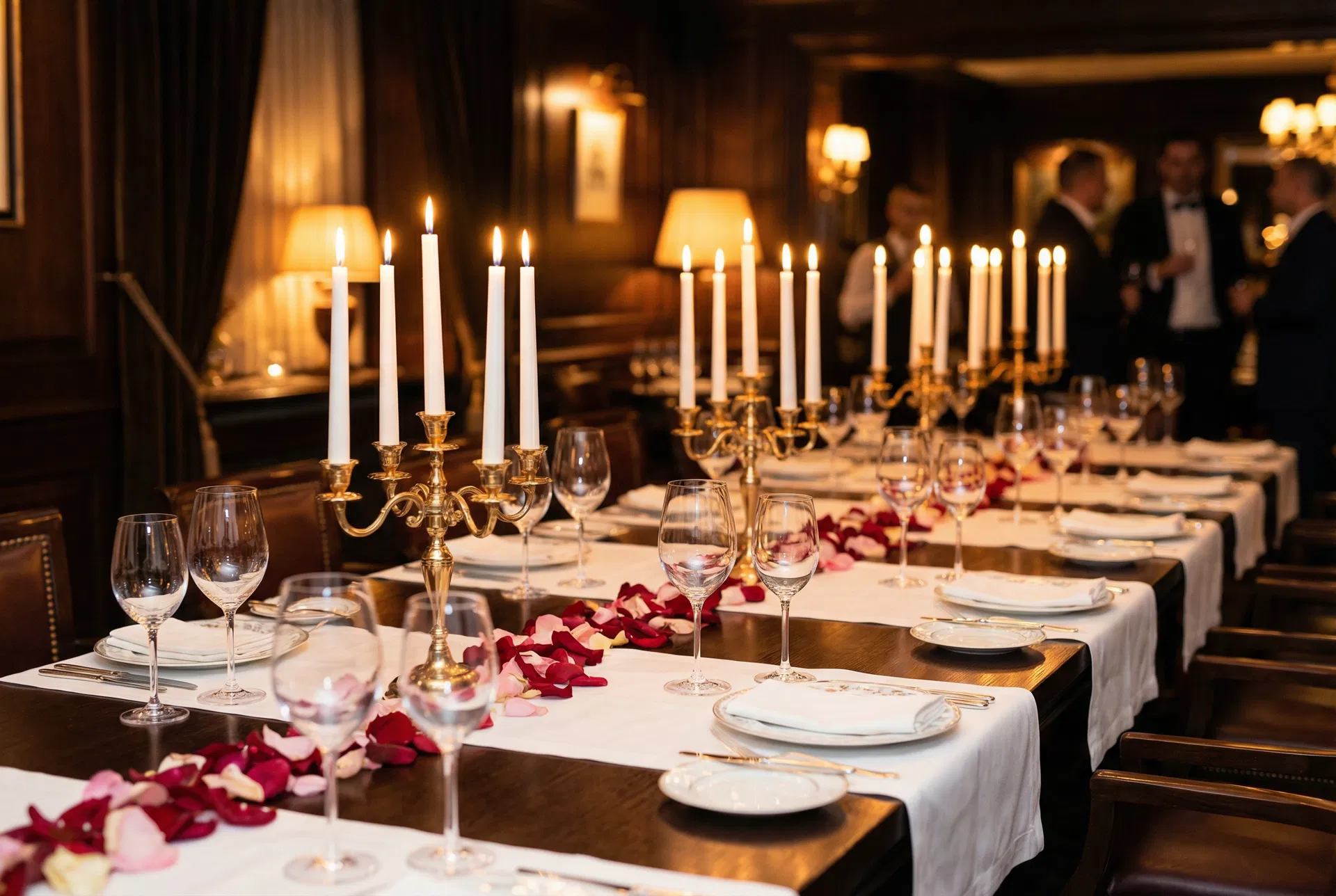 Elegant long dining table with candles and crystal