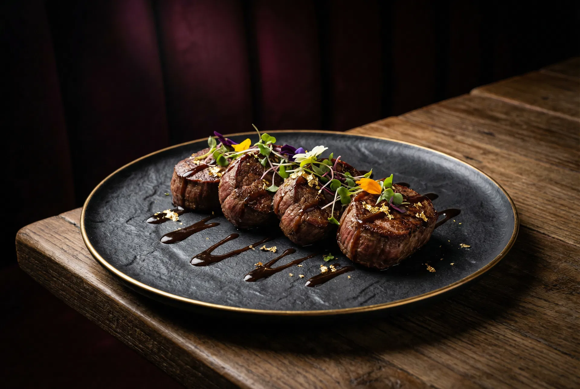 Seared beef tenderloin medallions on dark slate