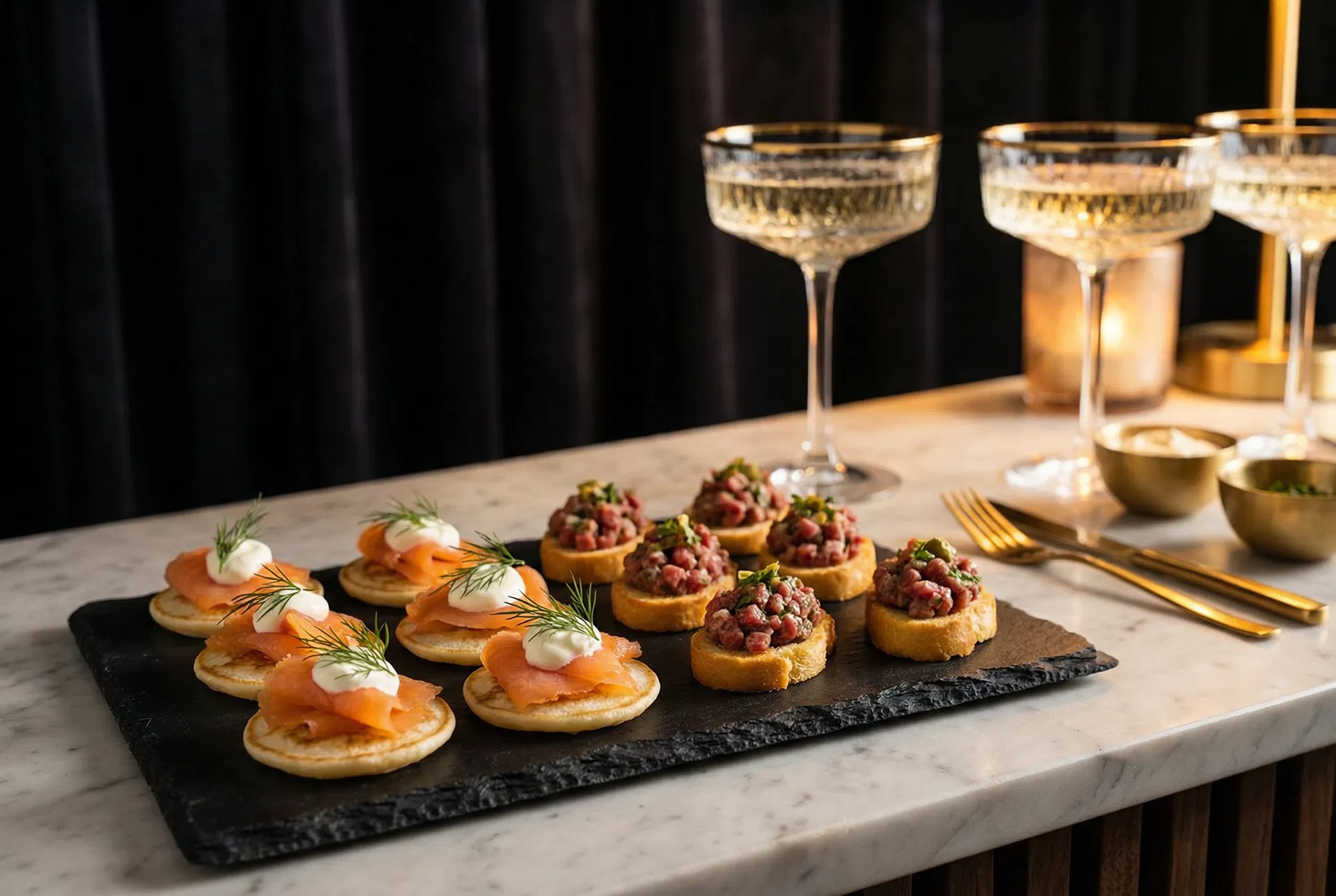 Luxury canapés — smoked salmon blinis and beef tartare