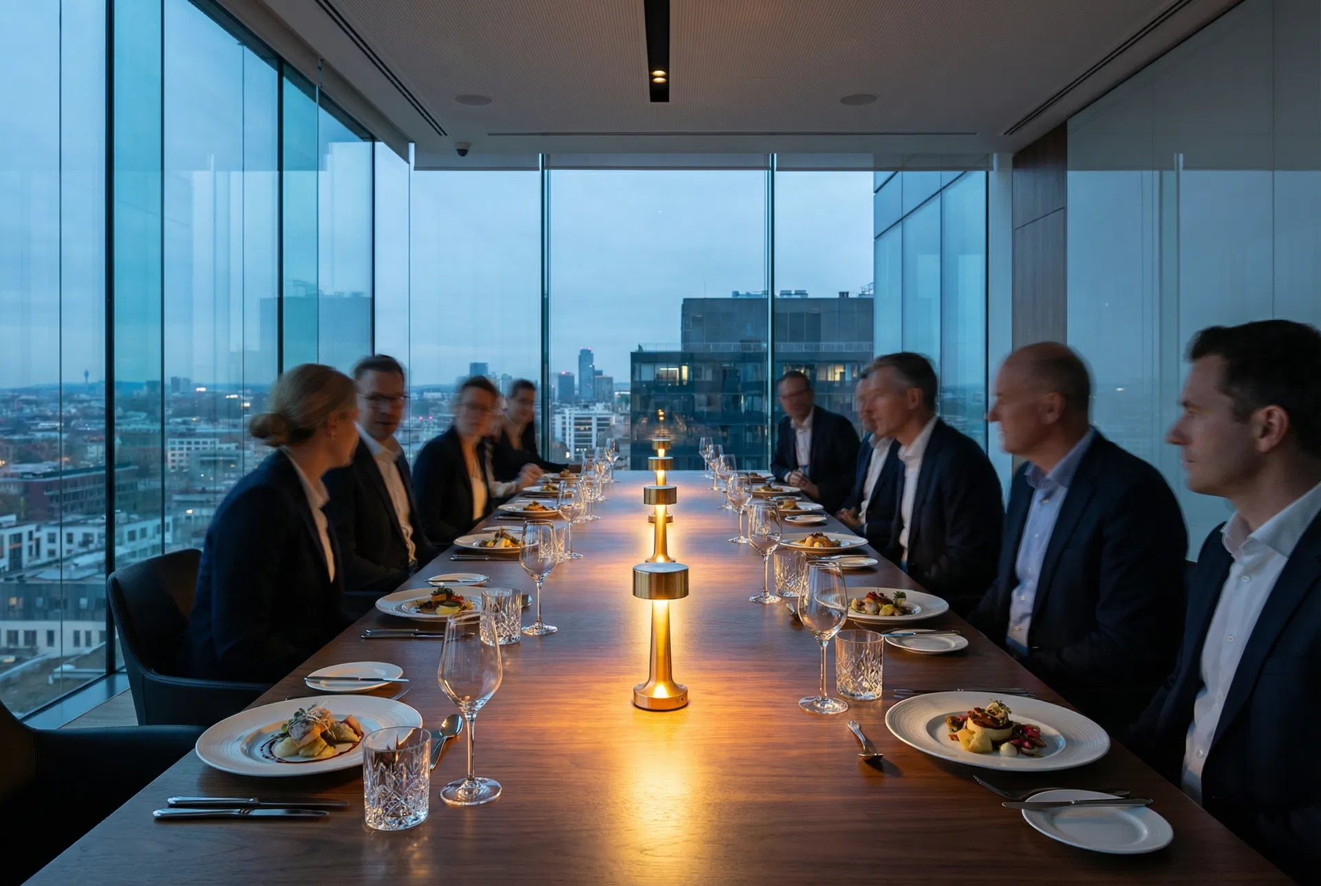 Sleek corporate boardroom dinner setting