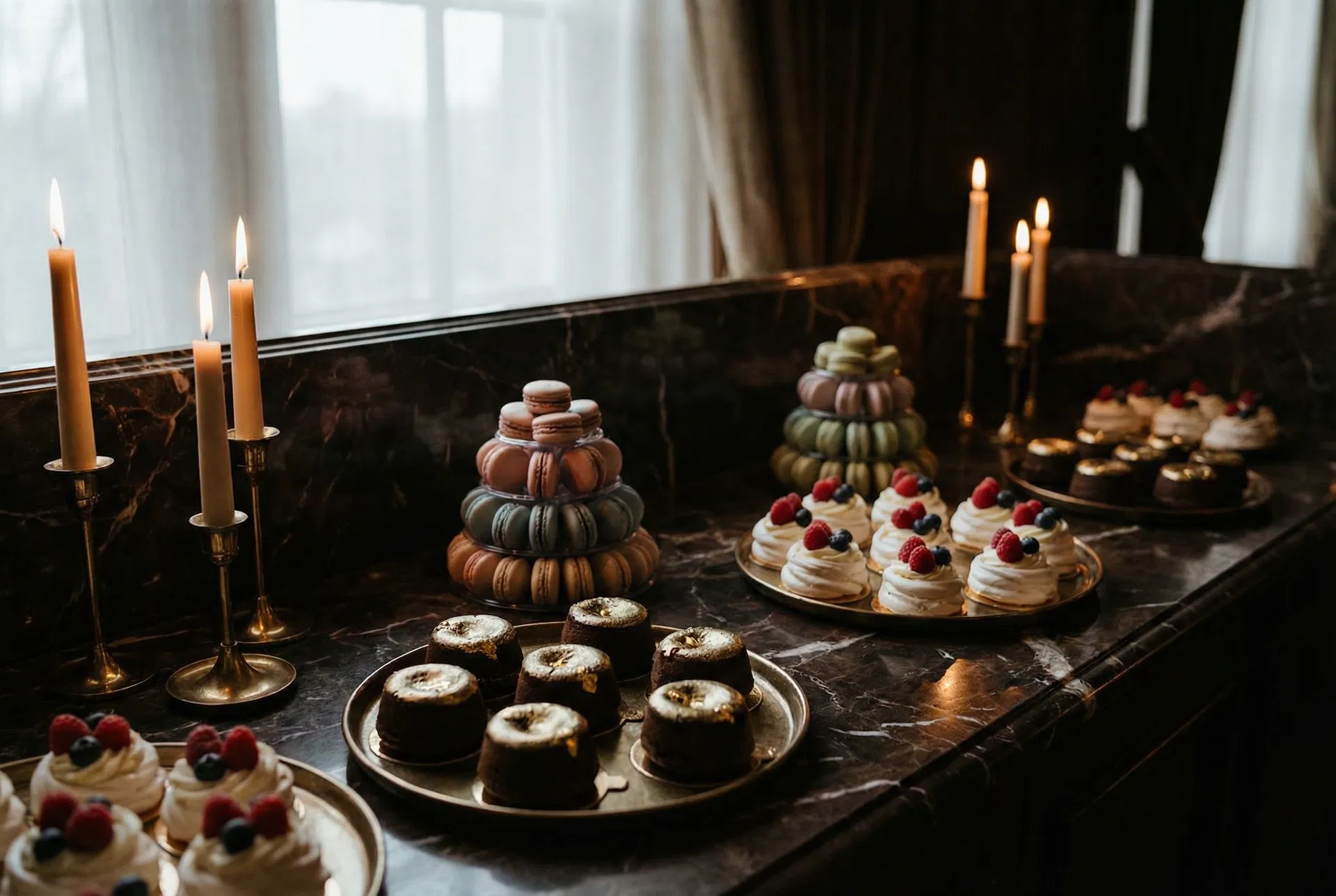 Elegant dessert display with macarons and pavlovas