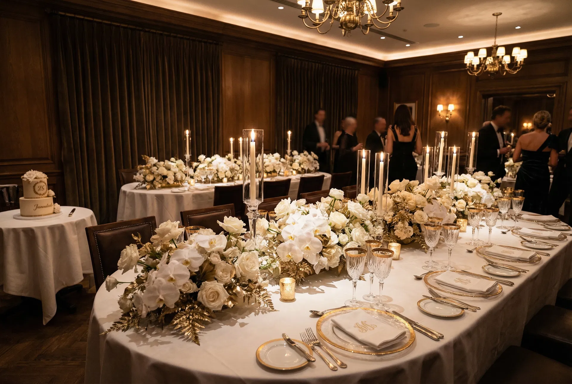 Elegant birthday dinner setting with white and gold florals