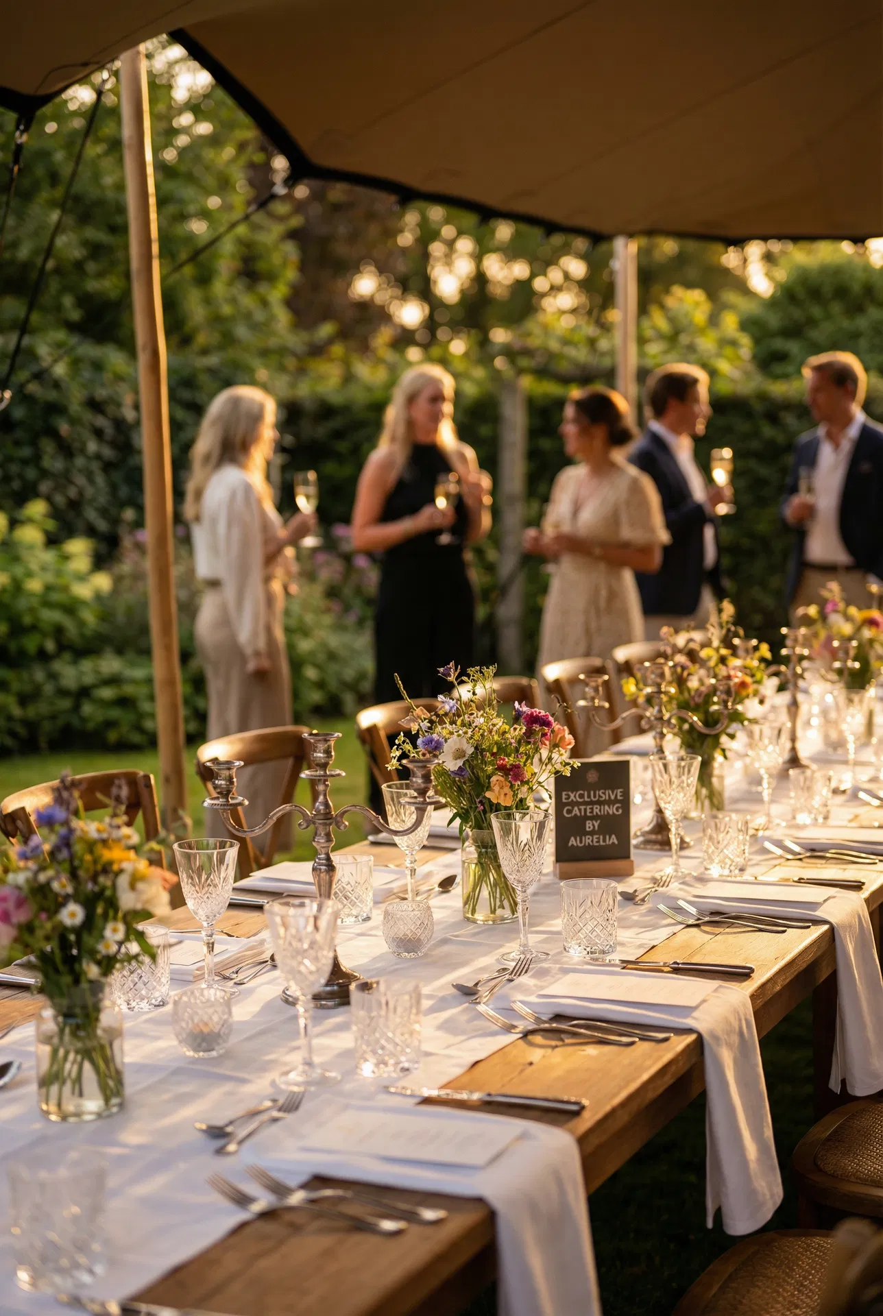 Garden party table setting at golden hour