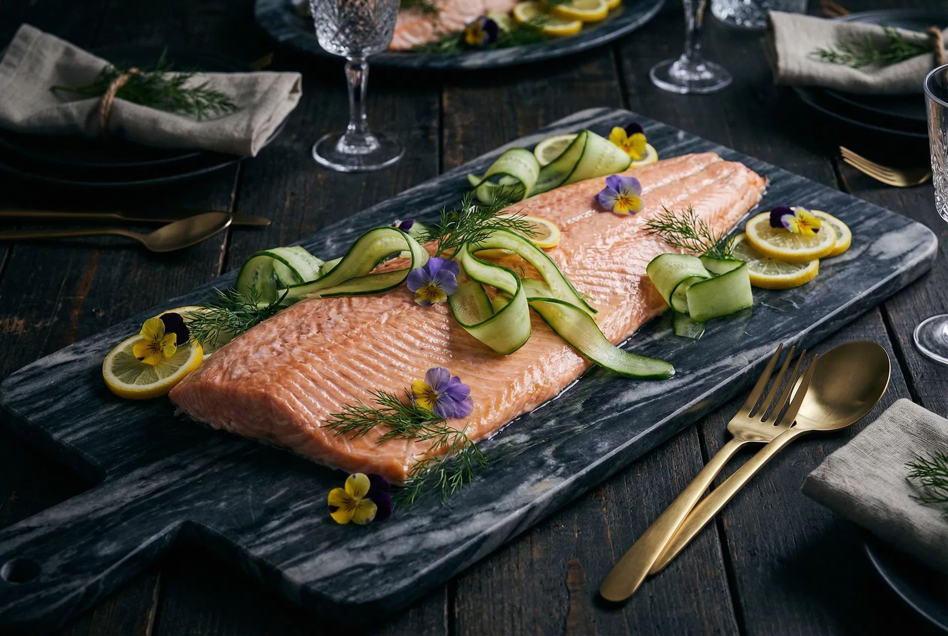 Whole poached Scottish salmon with edible flowers