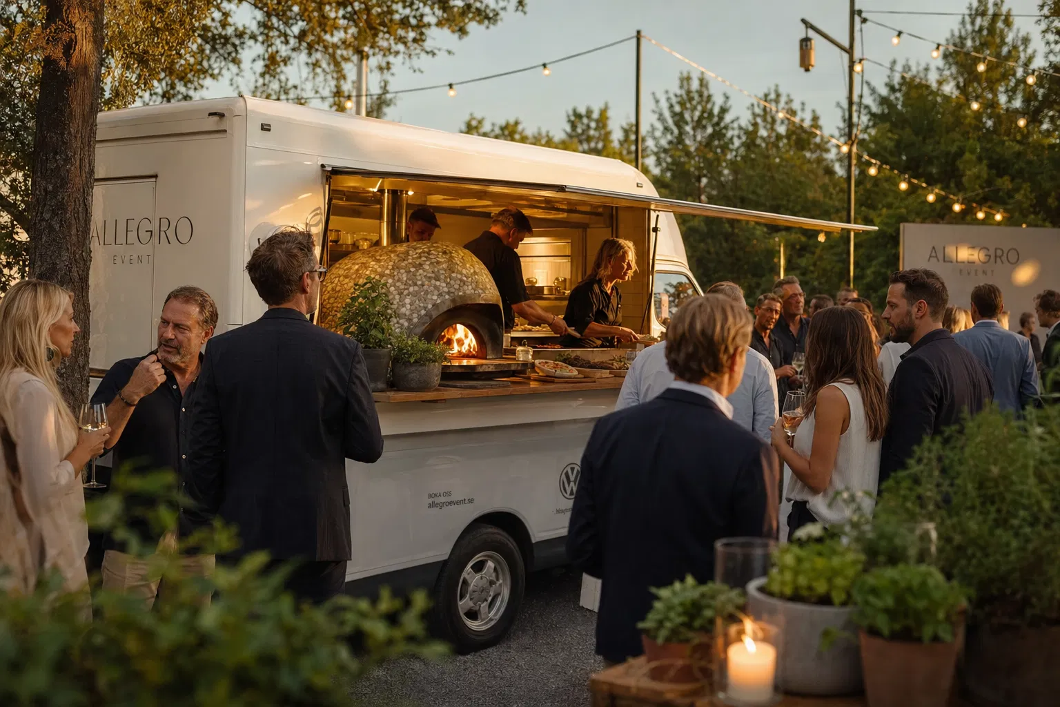 Elegant outdoor corporate event with pizza food truck