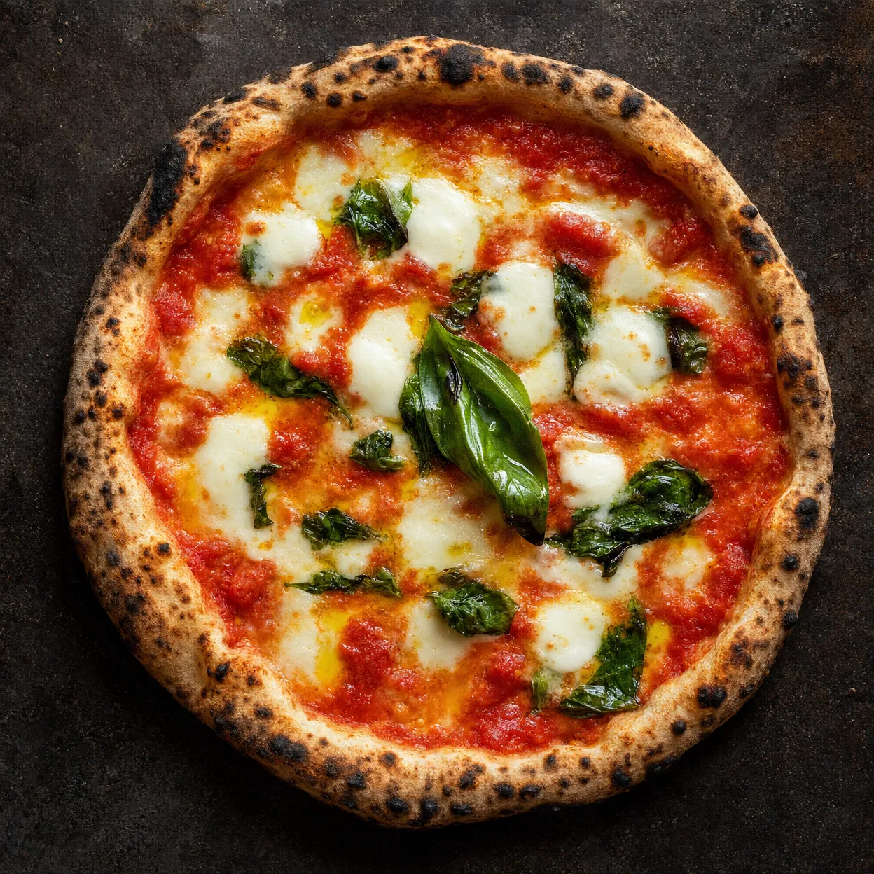 Perfect Neapolitan Margherita pizza overhead