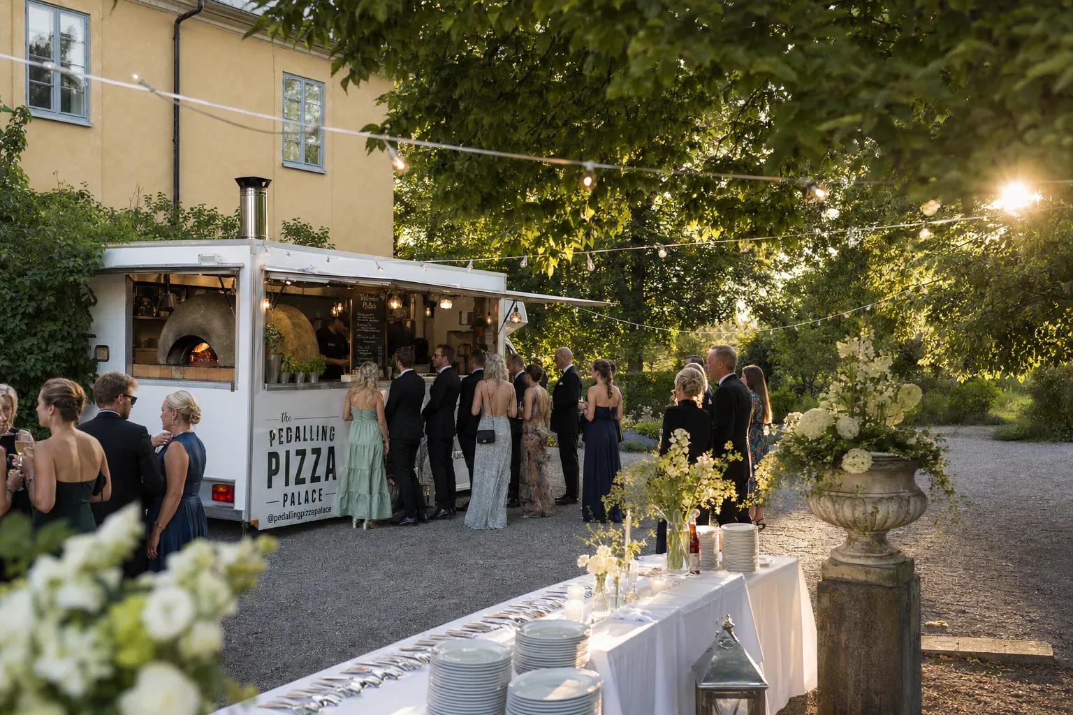 Elegant wedding reception with pizza food truck