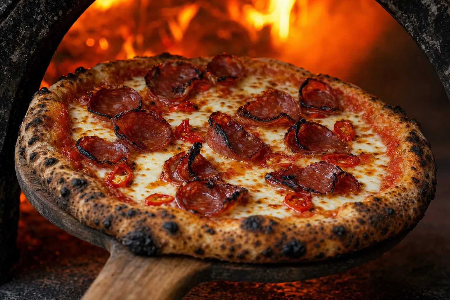 Diavola pizza being pulled from wood-fired oven