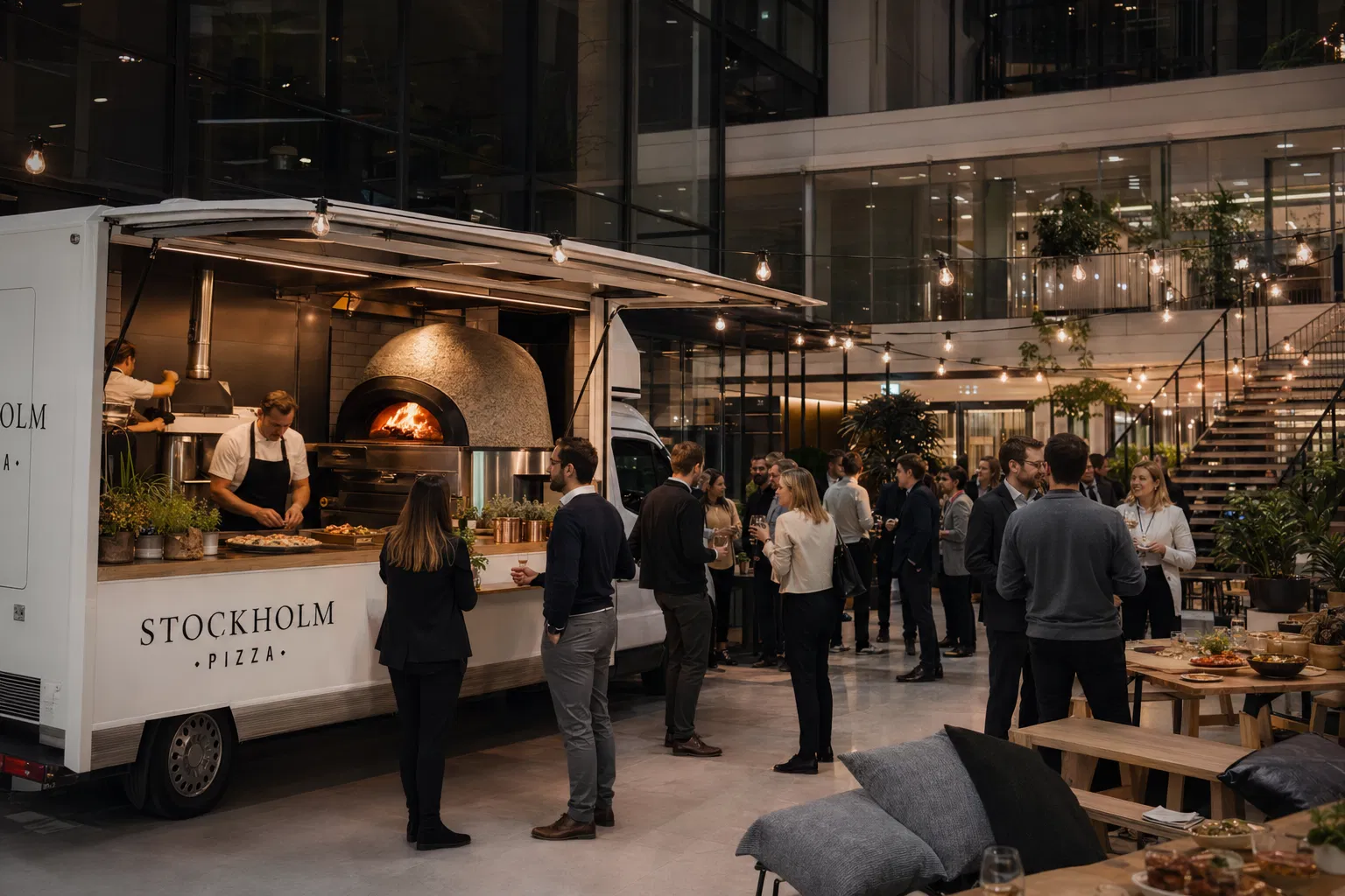 Corporate office party with pizza truck in glass atrium