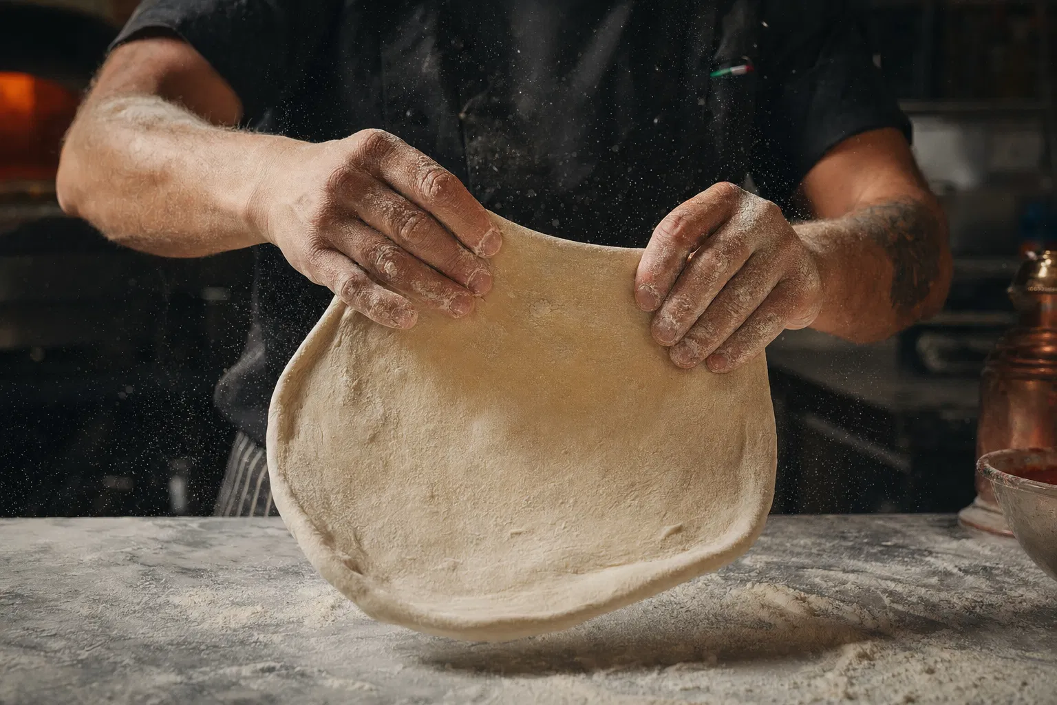Pizza maker stretching fresh dough
