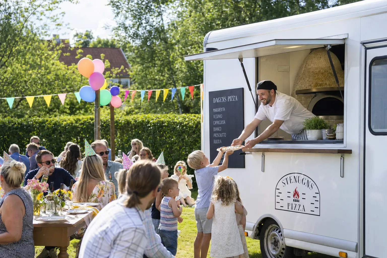 Birthday party with pizza food truck in Swedish garden