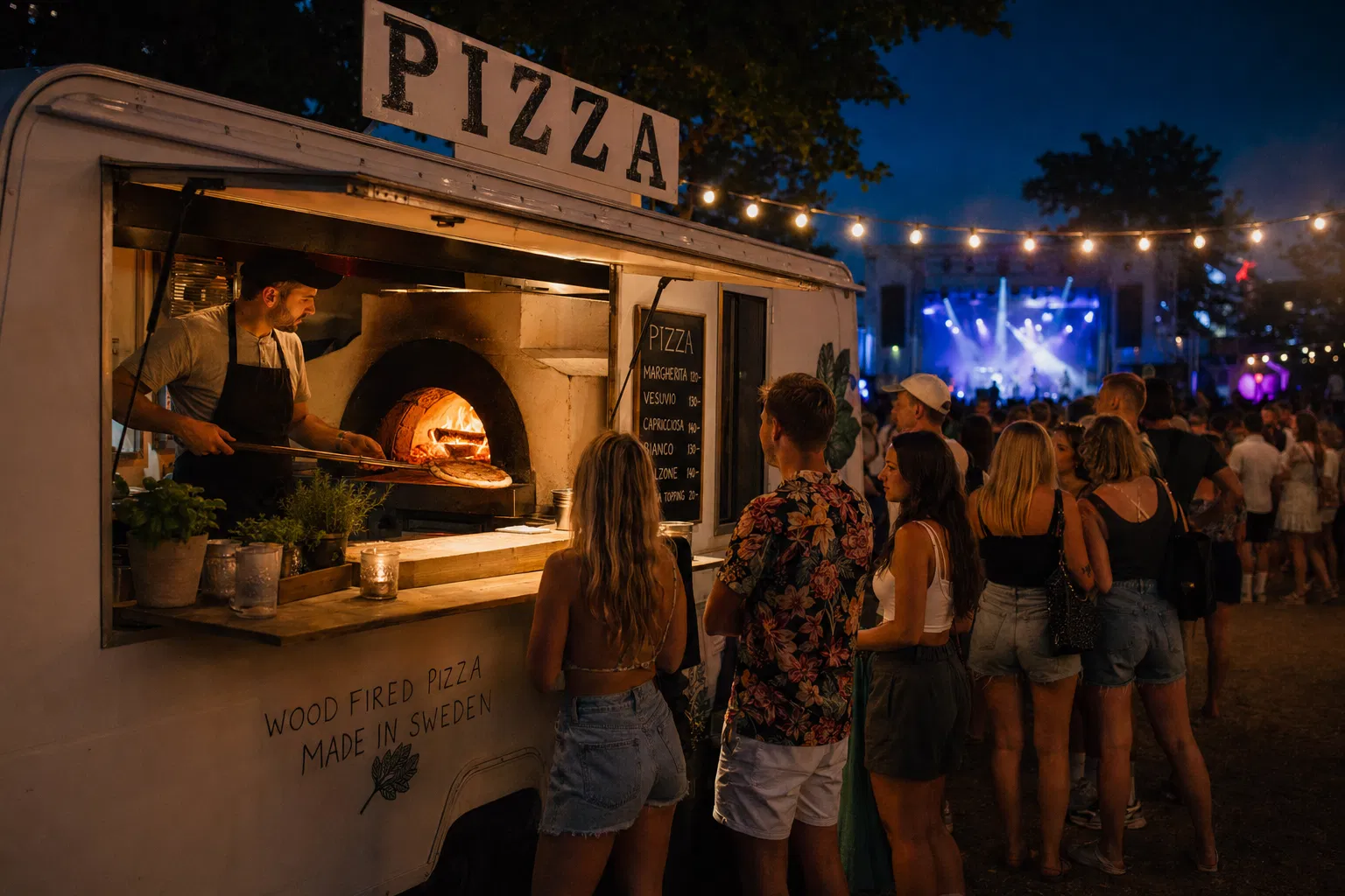 Night shot at outdoor music festival with pizza truck