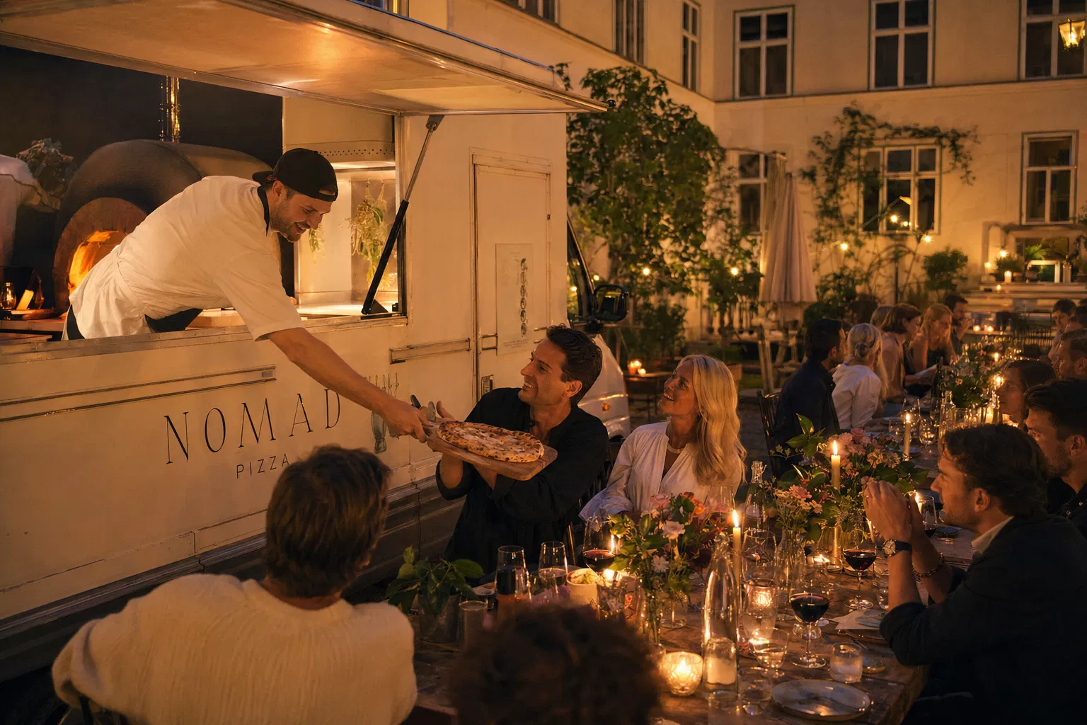 Intimate private dinner party in Stockholm courtyard