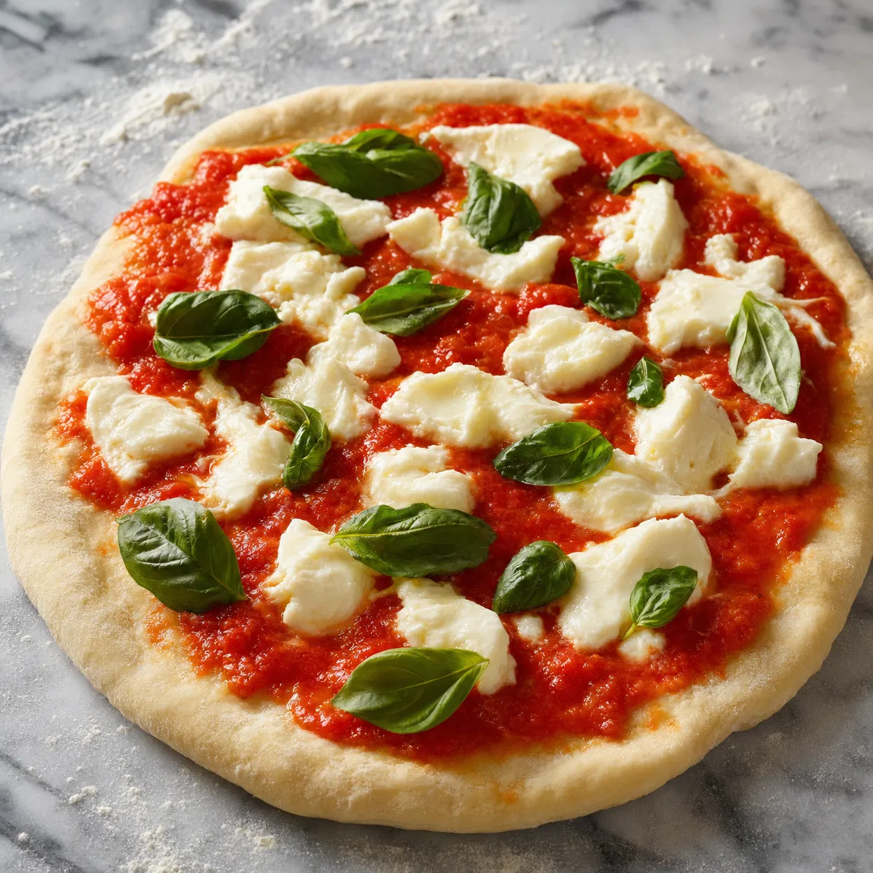 Fresh pizza dough being topped with tomato sauce and mozzarella