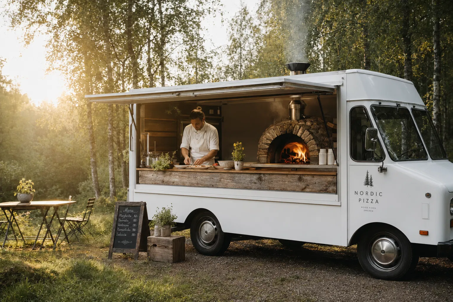 White food truck in Swedish forest clearing at golden hour