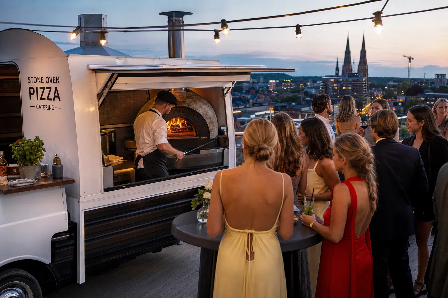 Upscale rooftop party in Uppsala with pizza truck