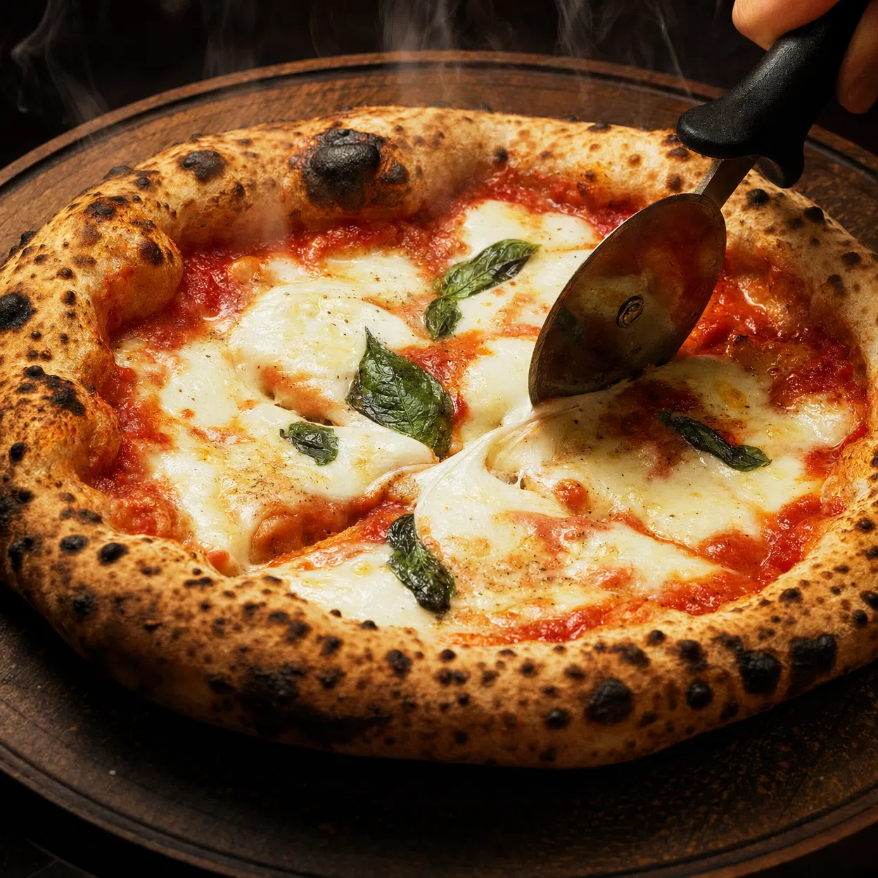 Pizza being sliced with steam rising