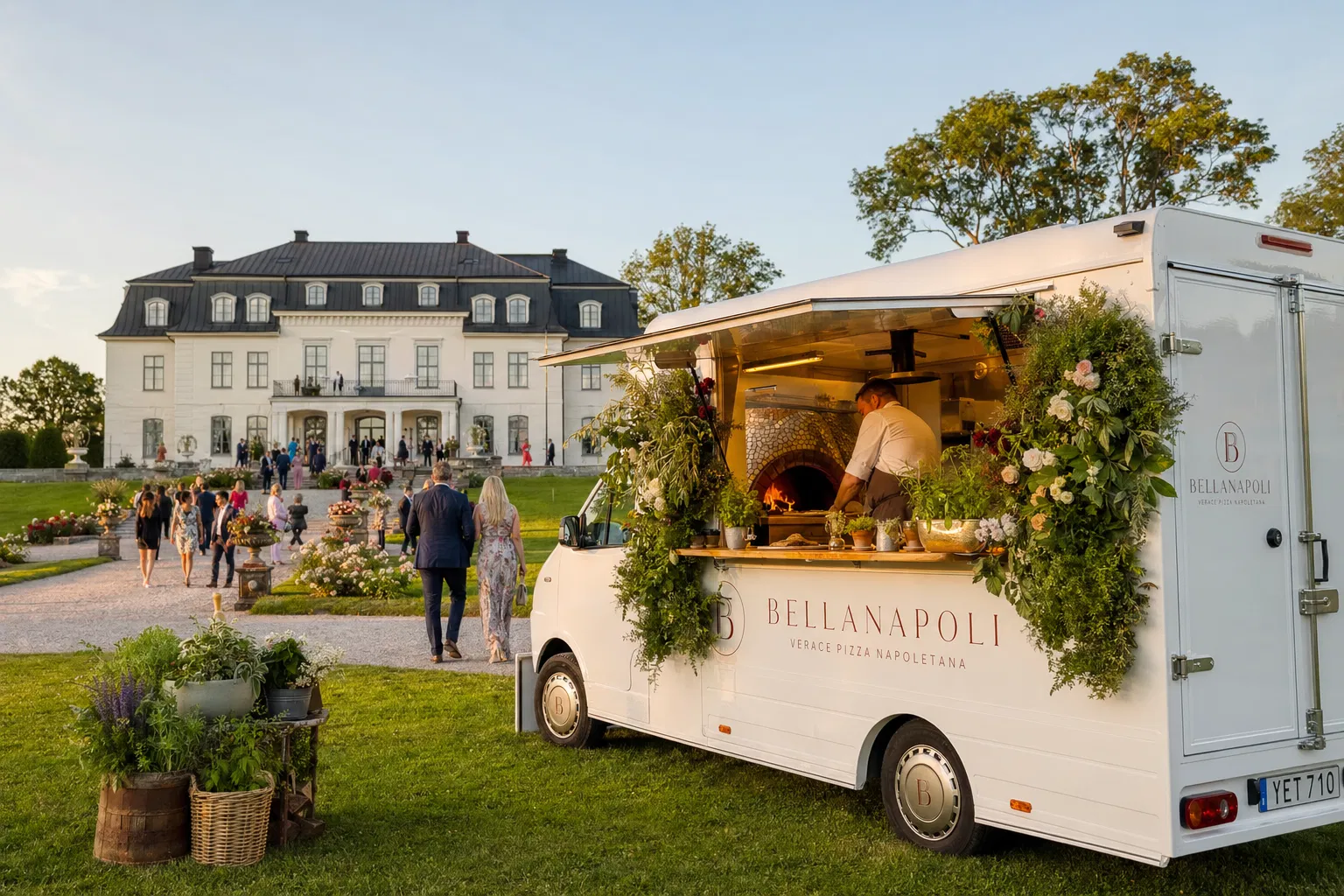 Swedish manor house estate event with pizza truck
