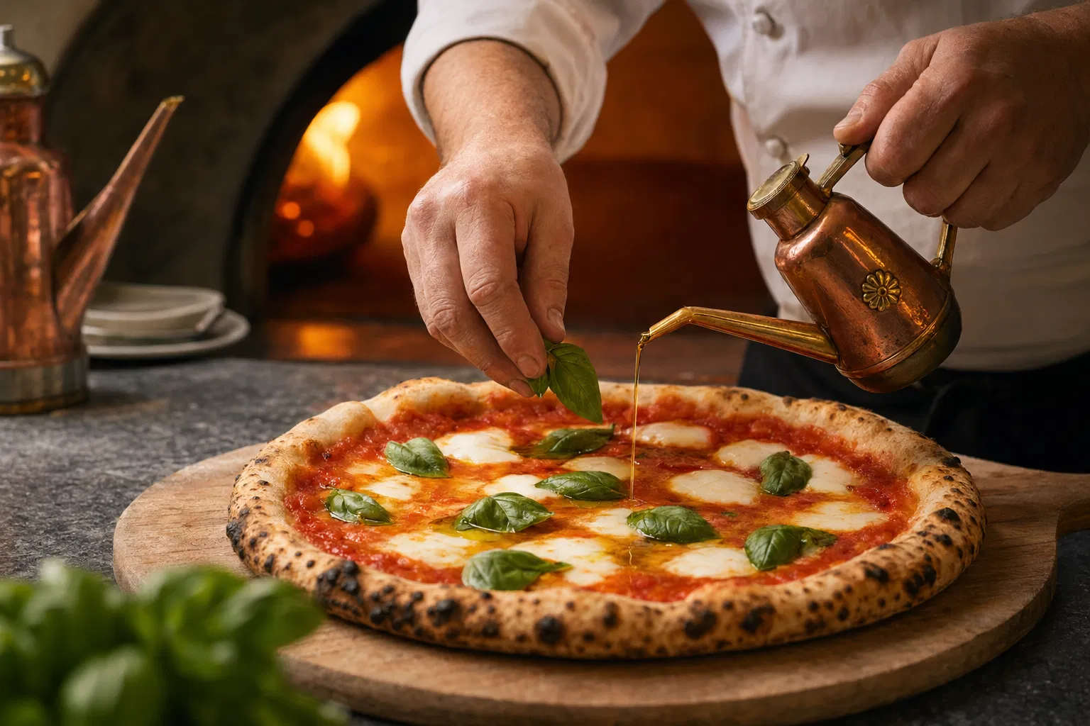 Chef placing fresh basil and olive oil on pizza