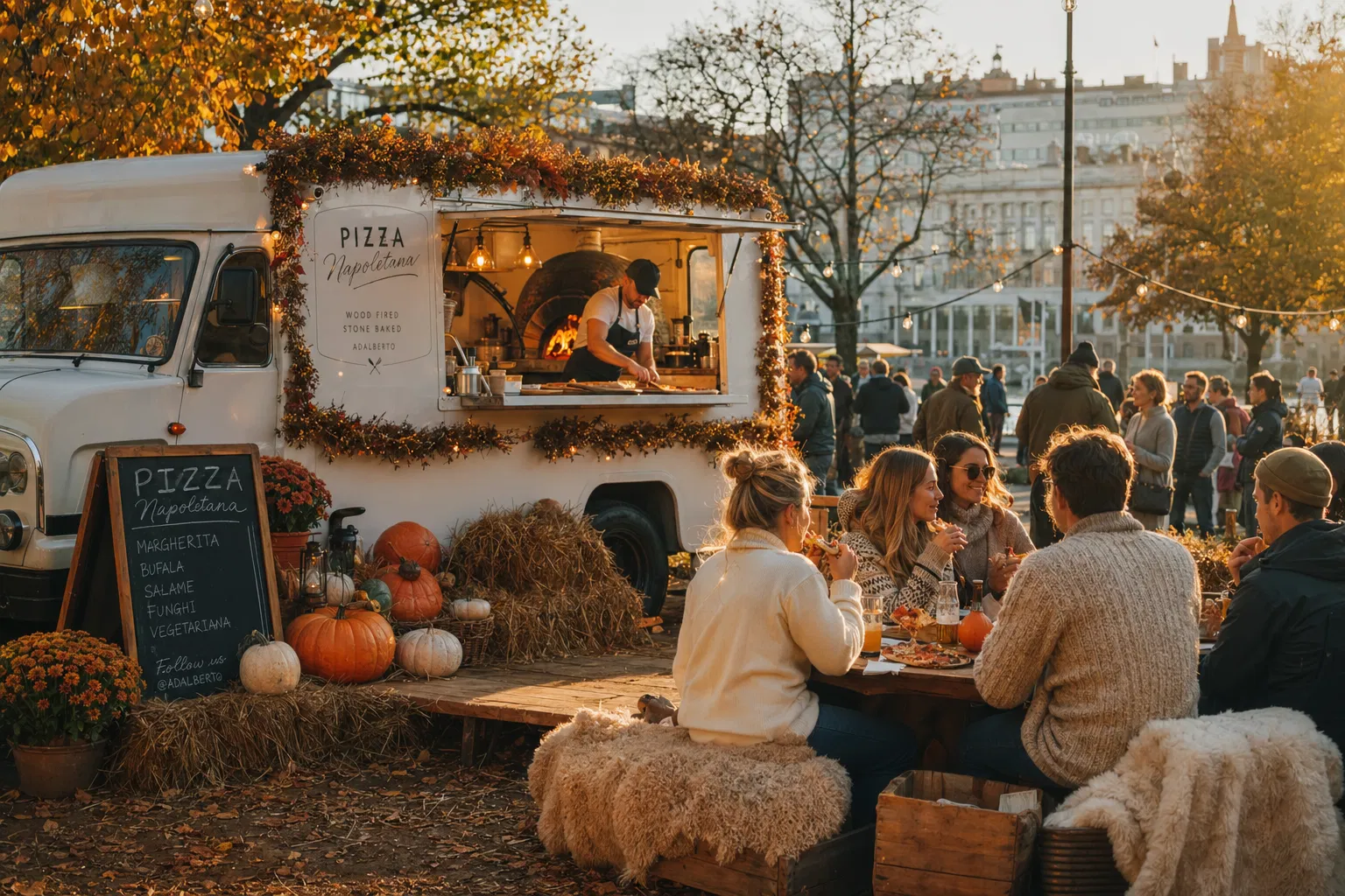 Autumn harvest festival in Gothenburg with pizza truck