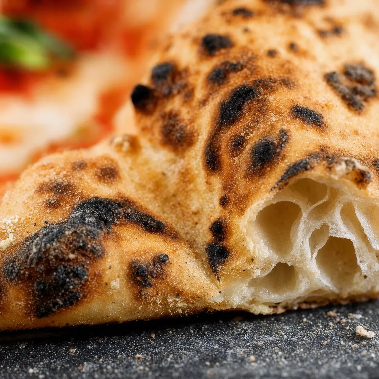 Extreme close-up of charred Neapolitan pizza crust