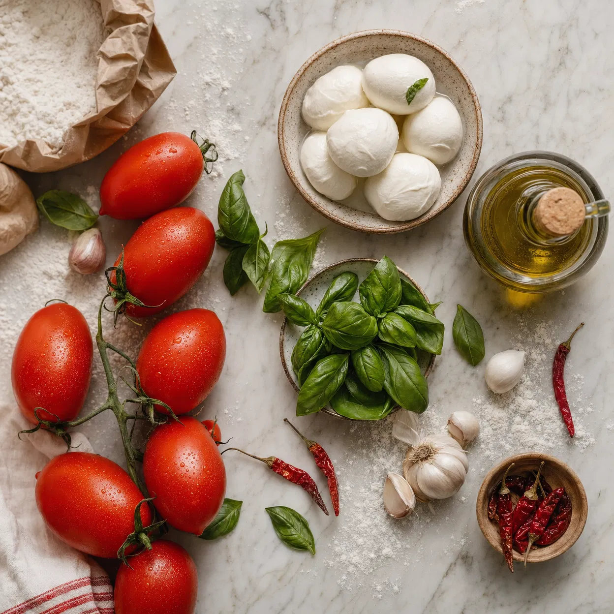 Overhead flat lay of fresh pizza ingredients