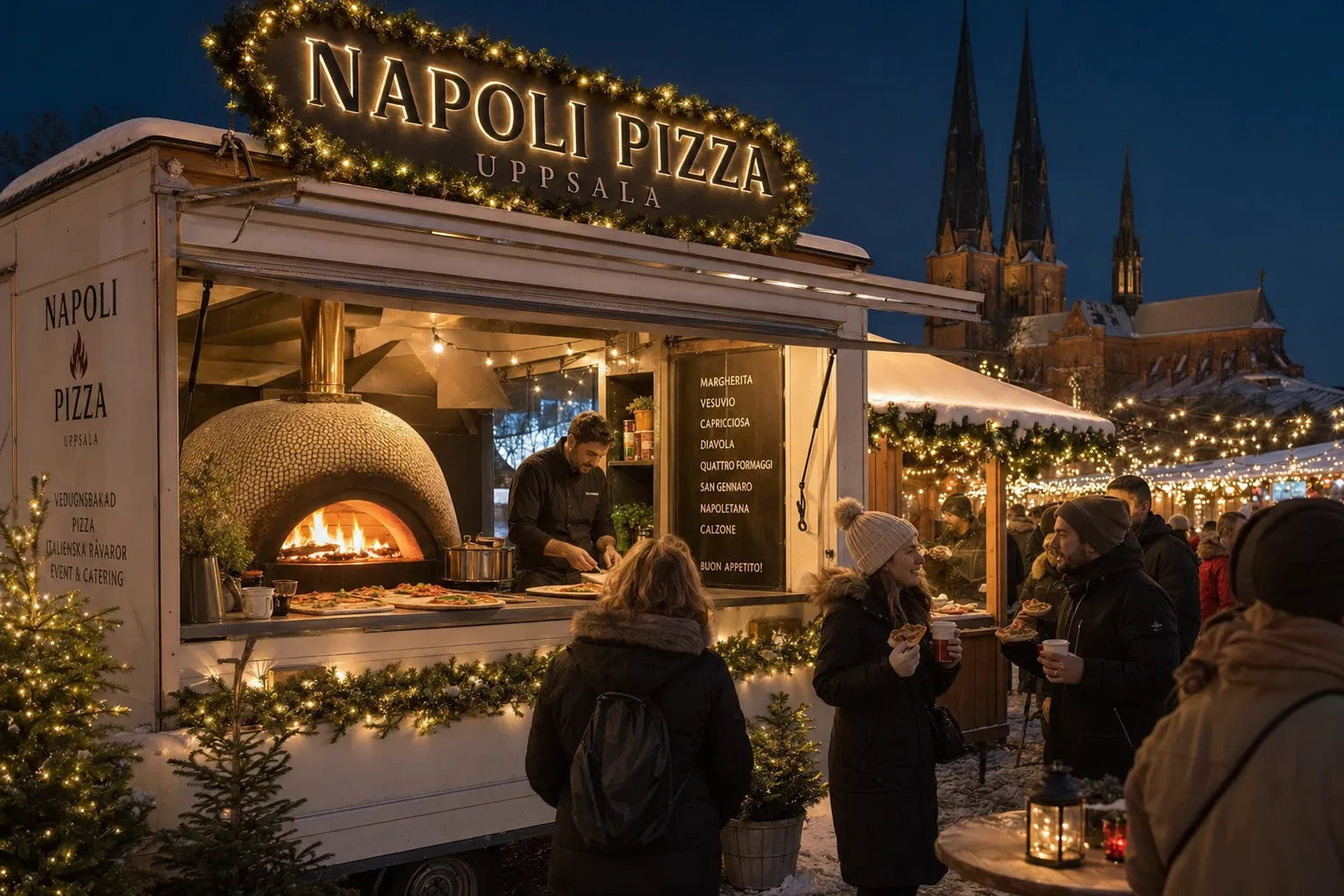 Winter Christmas market in Uppsala with pizza truck