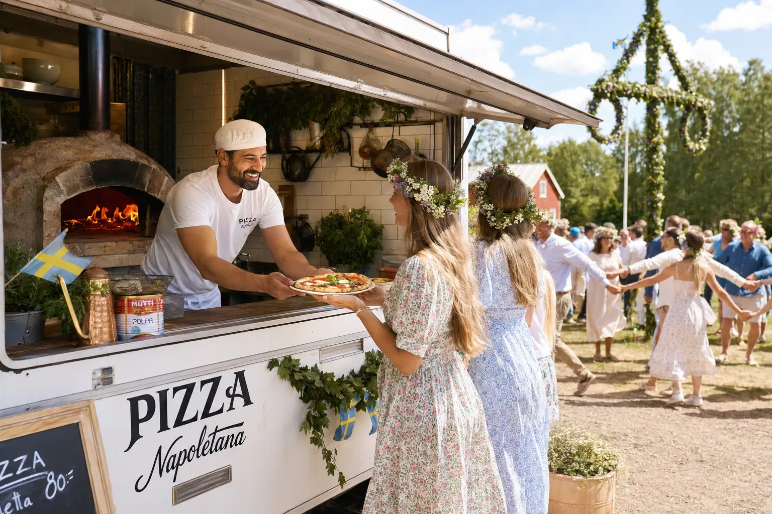Swedish midsommar celebration with pizza truck