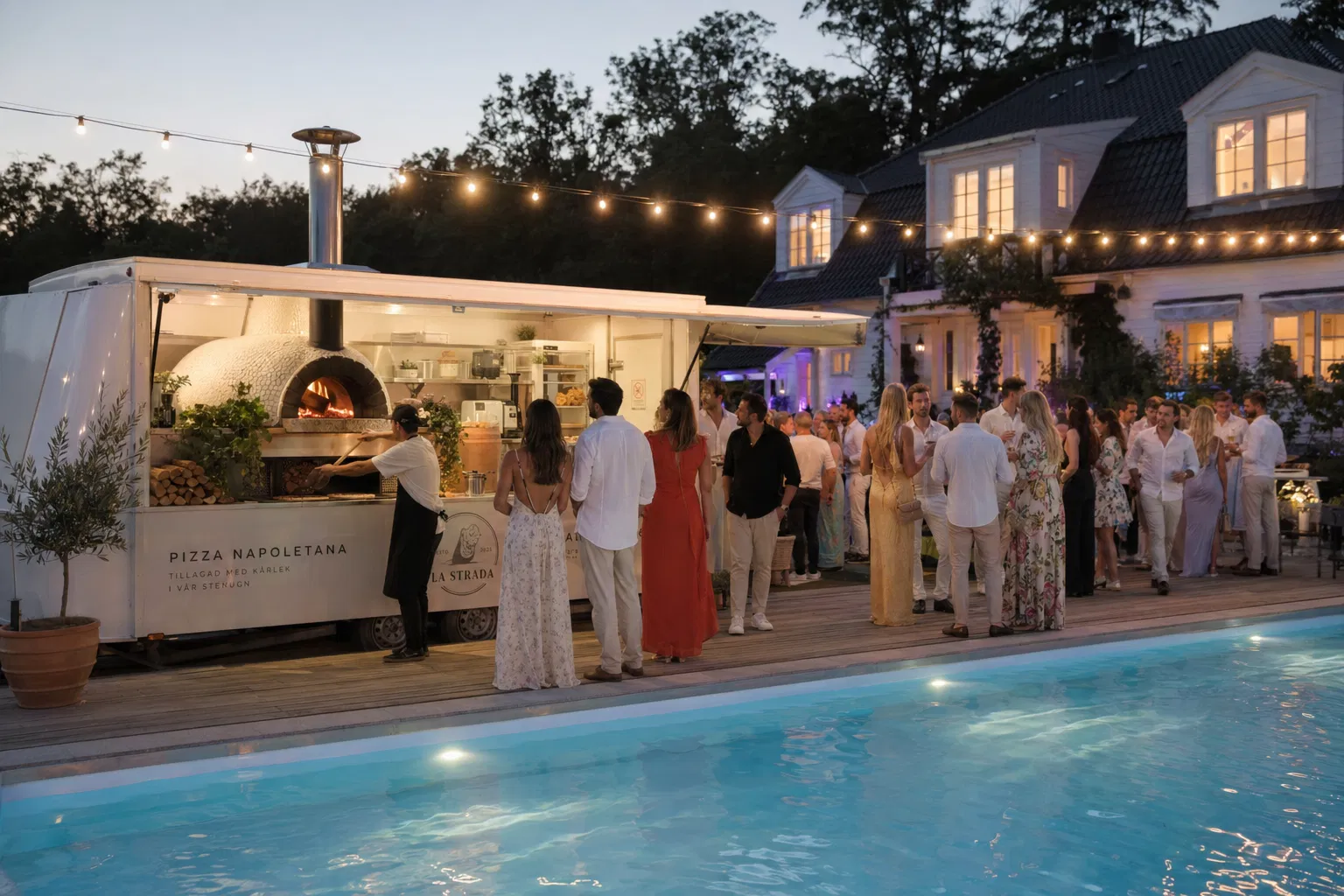 Exclusive private villa pool party with pizza truck